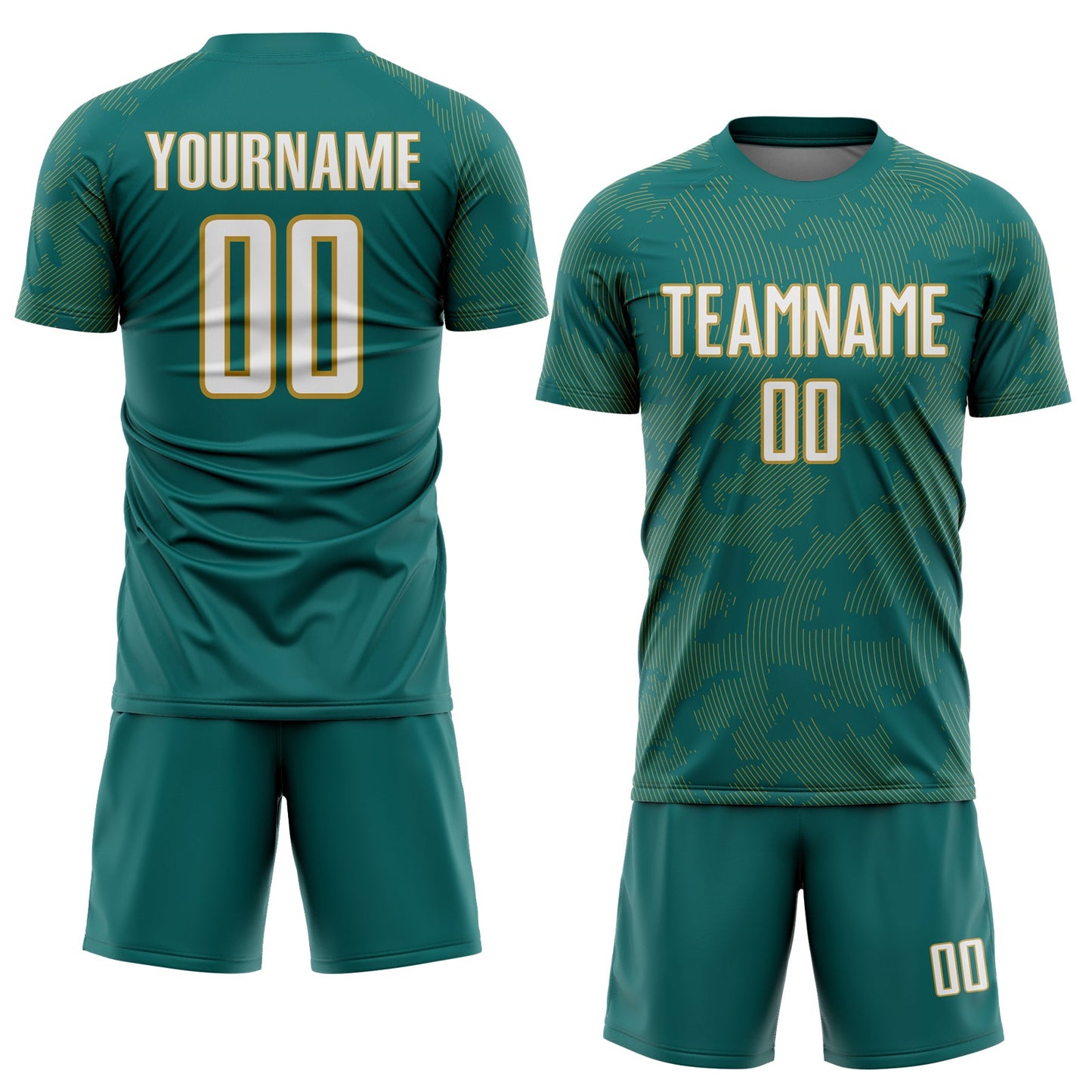 Custom Teal White-Old Gold Curve Lines Sublimation Soccer Uniform Jersey view 2