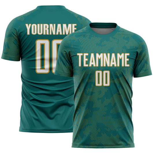 Custom Teal White-Old Gold Curve Lines Sublimation Soccer Uniform Jersey - Main View