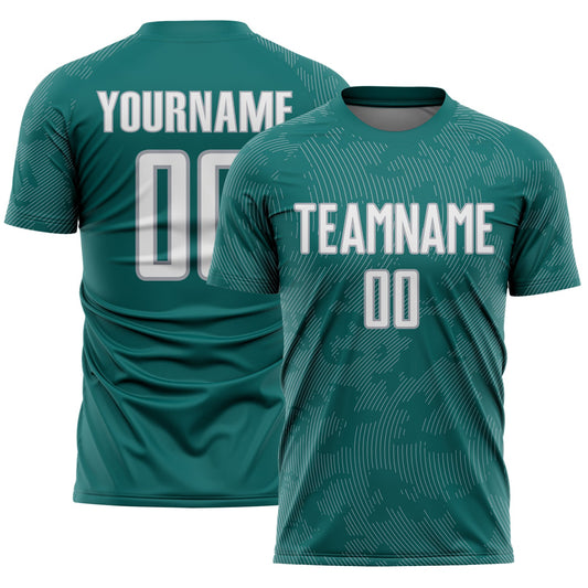 Custom Teal White-Gray Curve Lines Sublimation Soccer Uniform Jersey - Main View