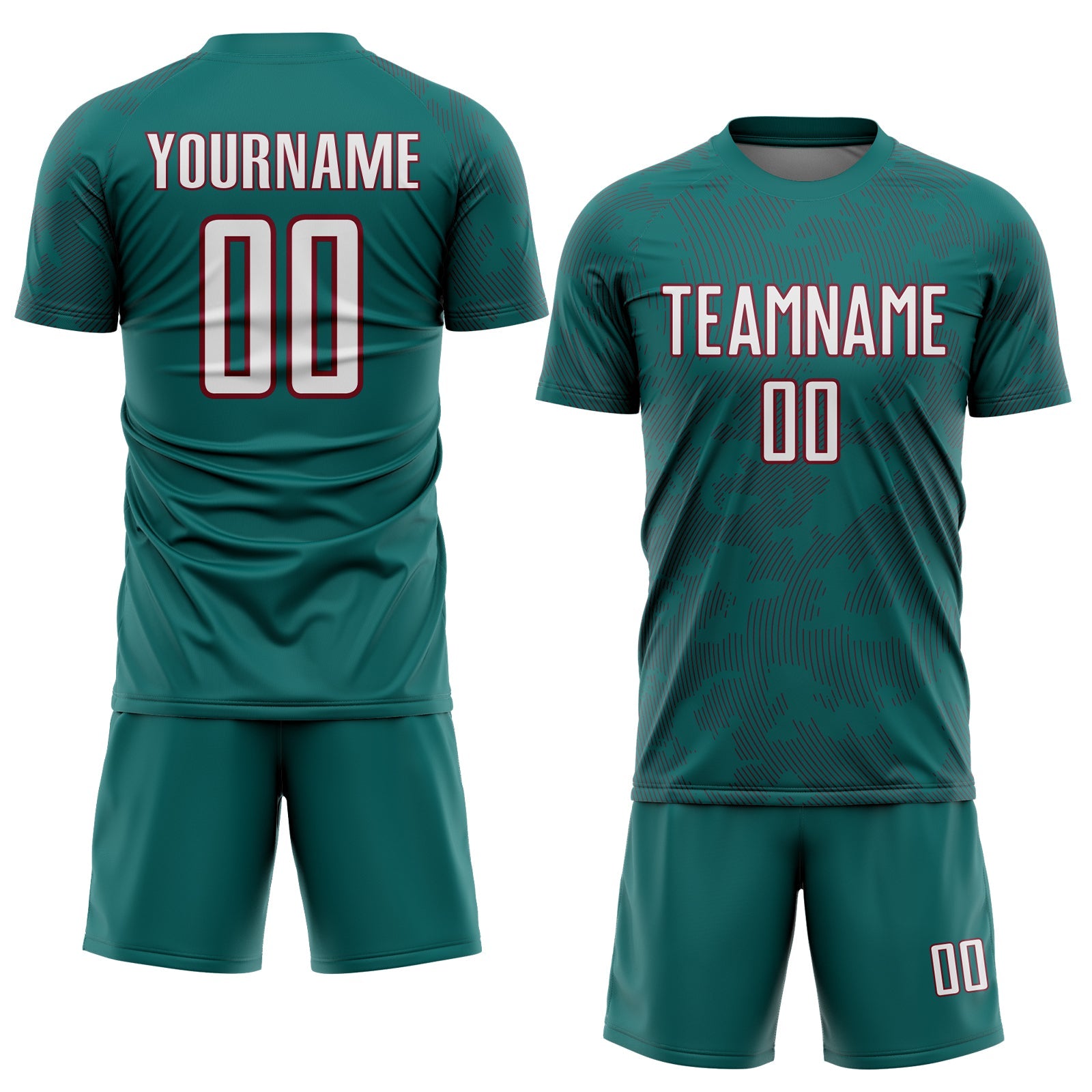 Custom Teal White-Crimson Curve Lines Sublimation Soccer Uniform Jersey view 2