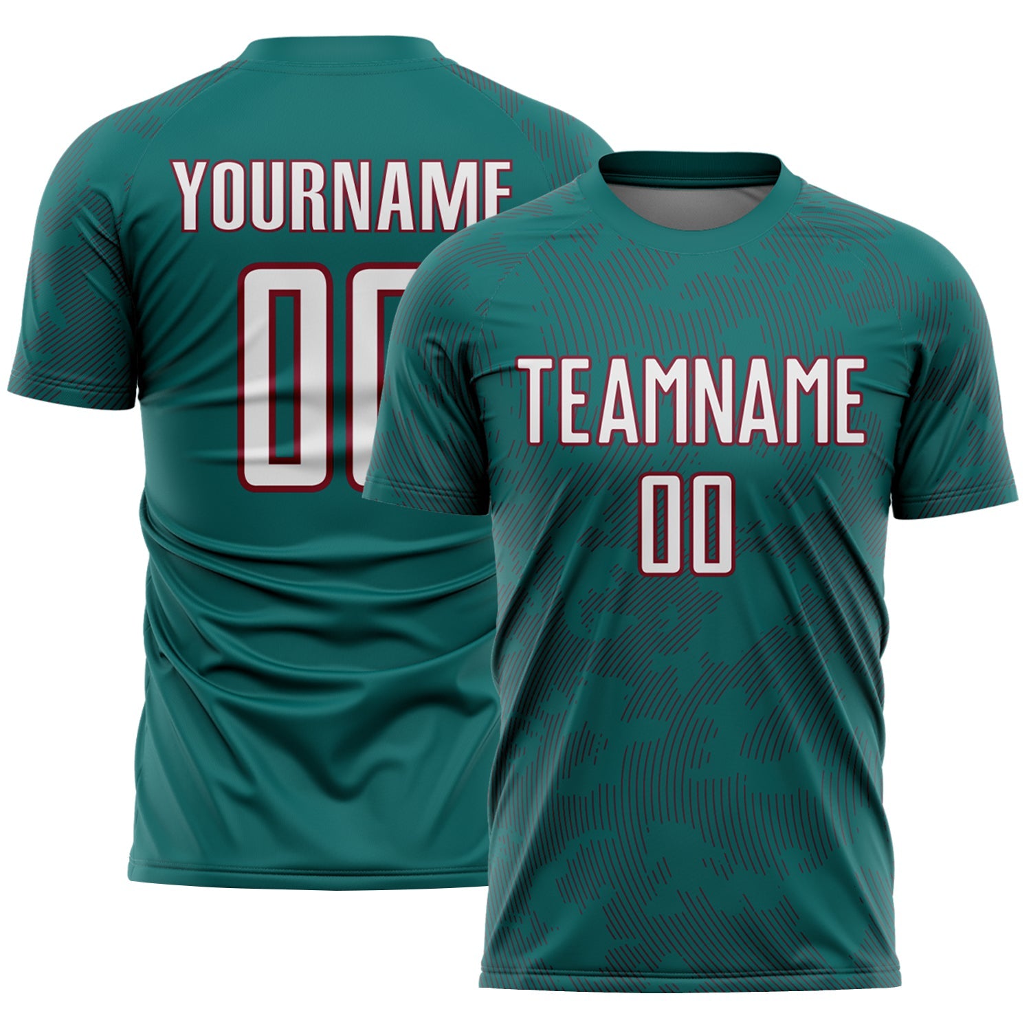 Custom Teal White-Crimson Curve Lines Sublimation Soccer Uniform Jersey - Main View