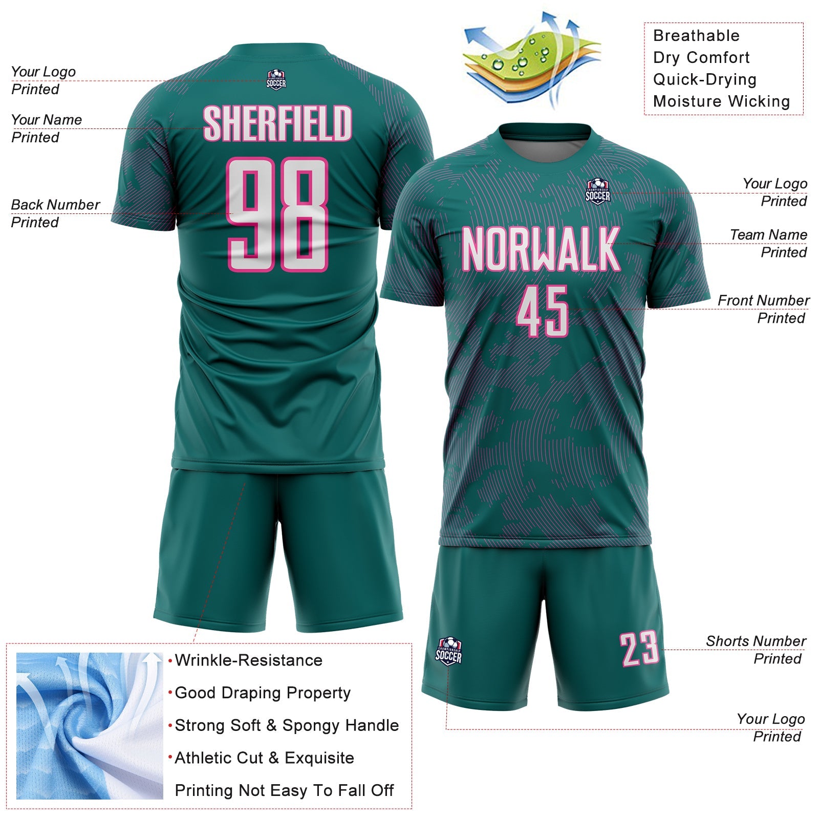 Custom Teal White-Pink Curve Lines Sublimation Soccer Uniform Jersey view 4