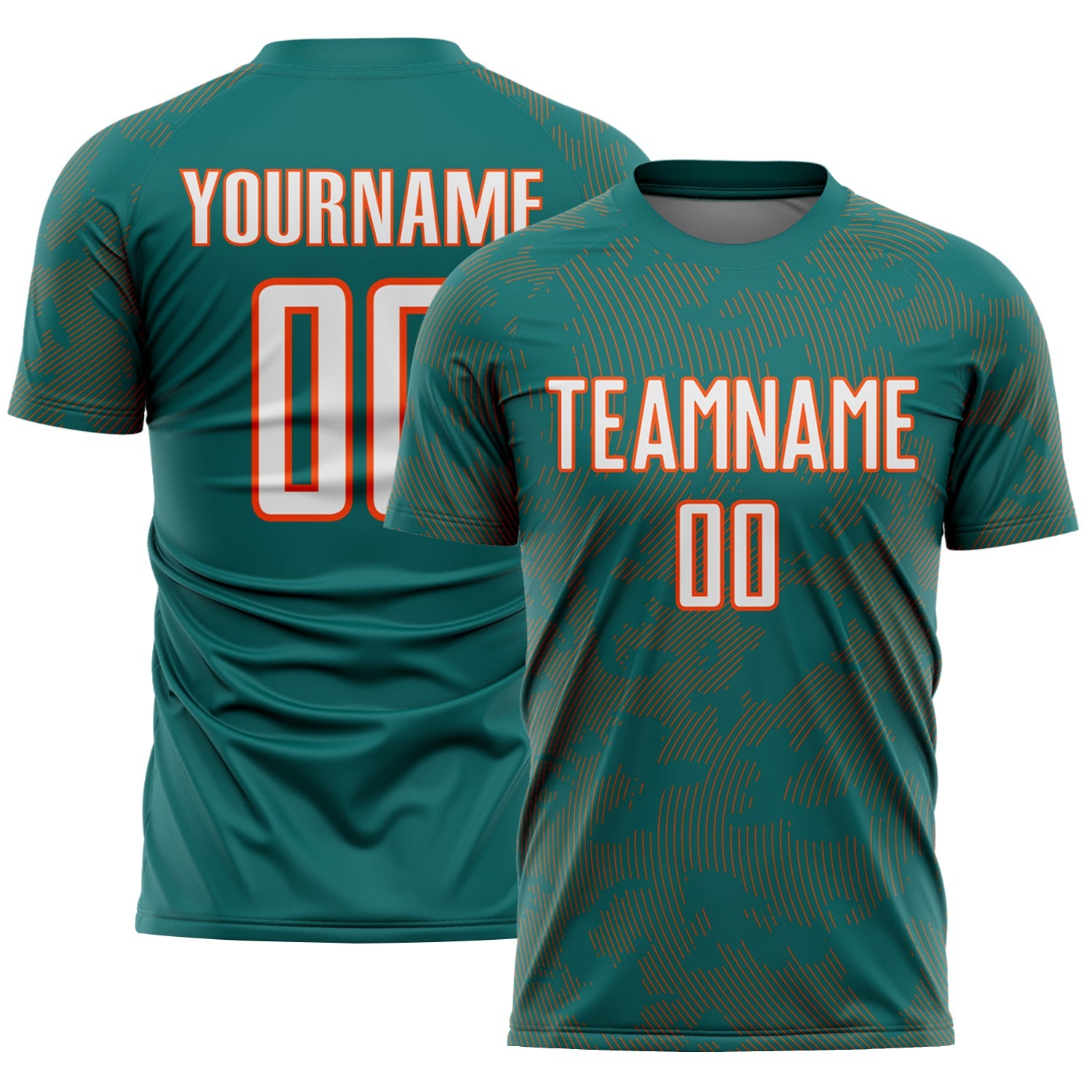 Custom Teal White-Orange Curve Lines Sublimation Soccer Uniform Jersey - Main View