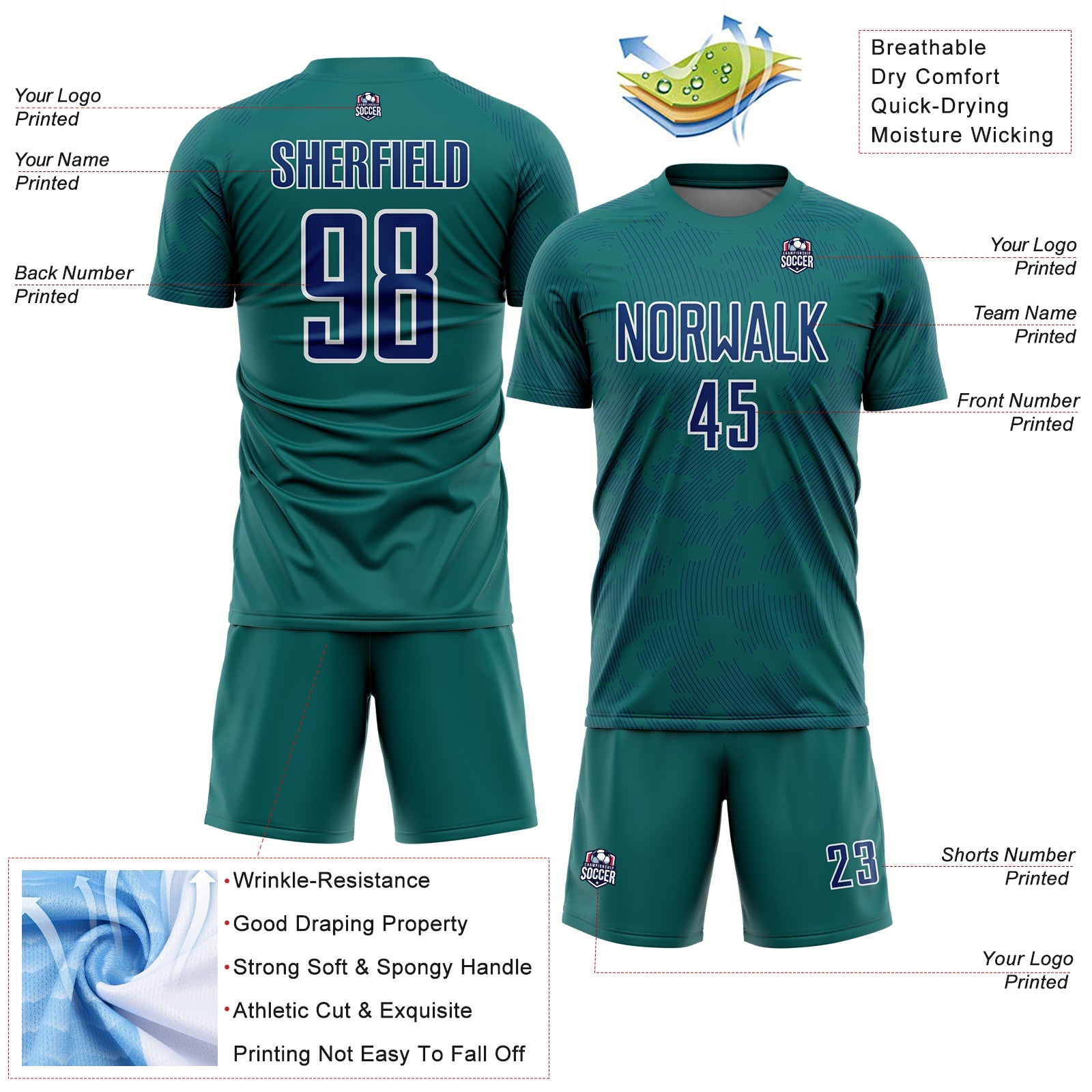 Custom Teal US Navy Blue-White Curve Lines Sublimation Soccer Uniform Jersey view 4