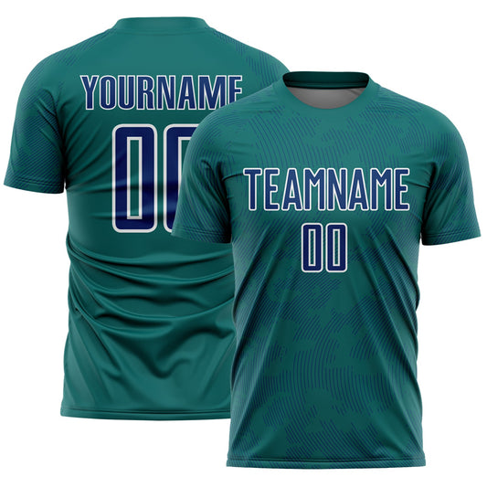 Custom Teal US Navy Blue-White Curve Lines Sublimation Soccer Uniform Jersey - Main View