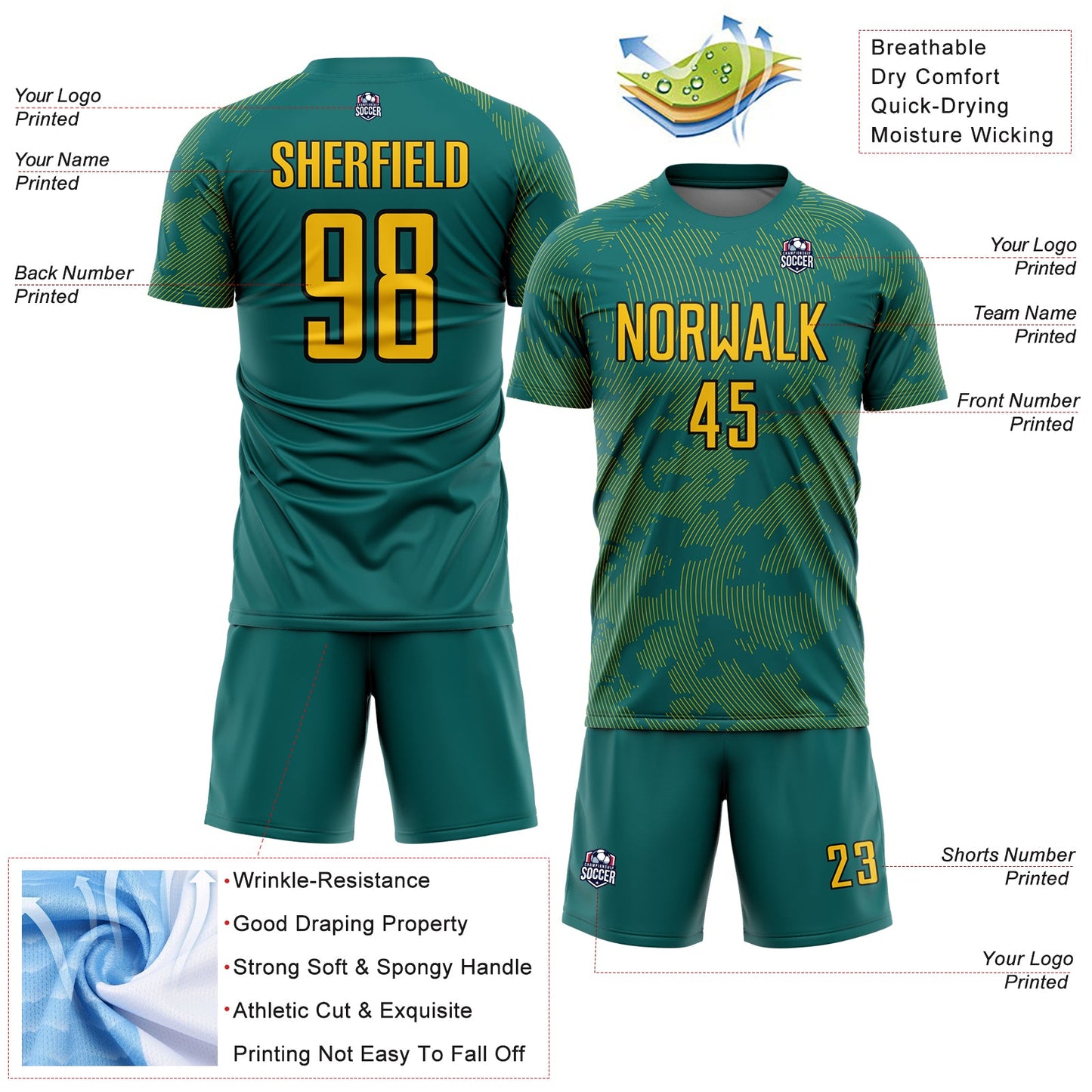 Custom Teal Yellow-Black Curve Lines Sublimation Soccer Uniform Jersey view 4