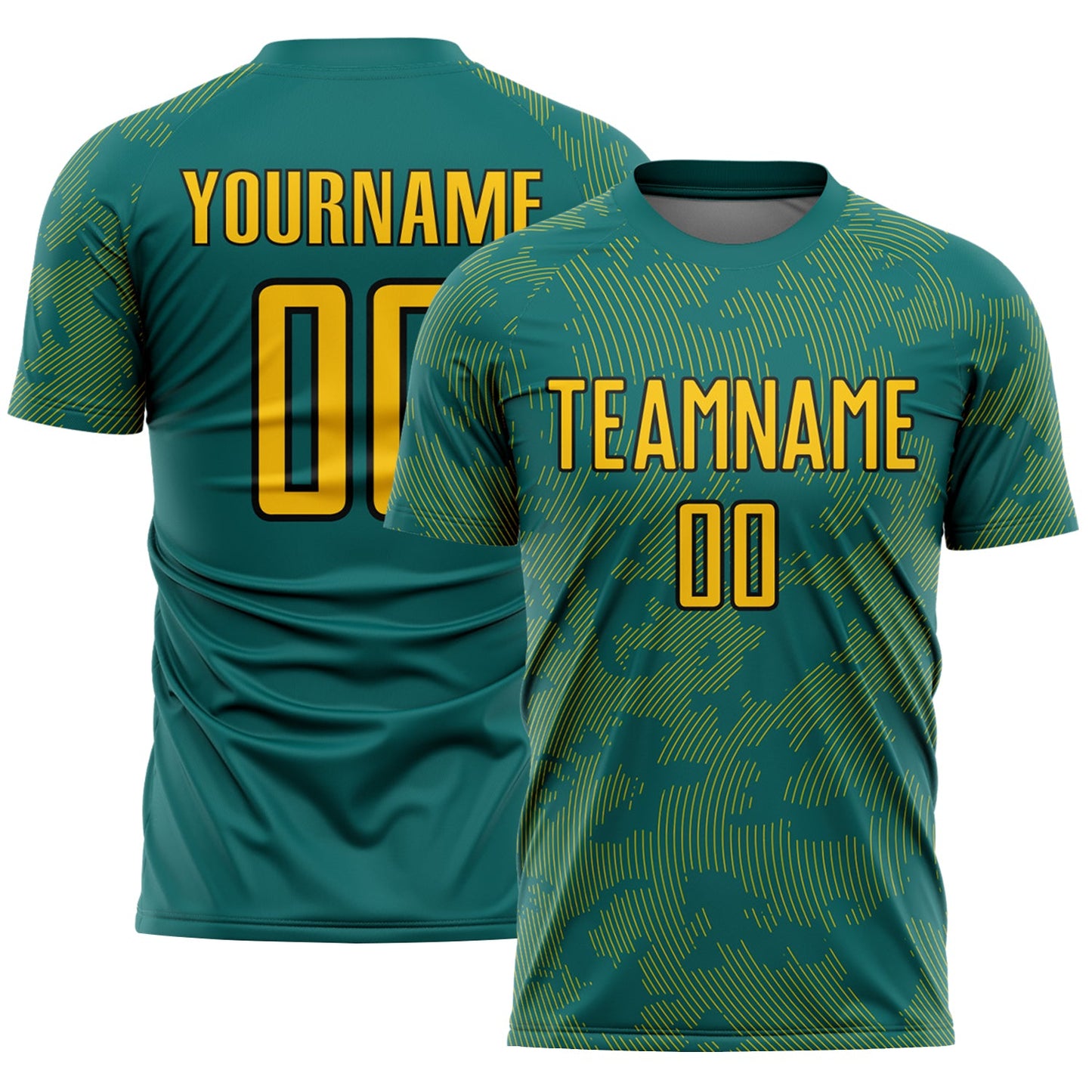 Custom Teal Yellow-Black Curve Lines Sublimation Soccer Uniform Jersey - Main View