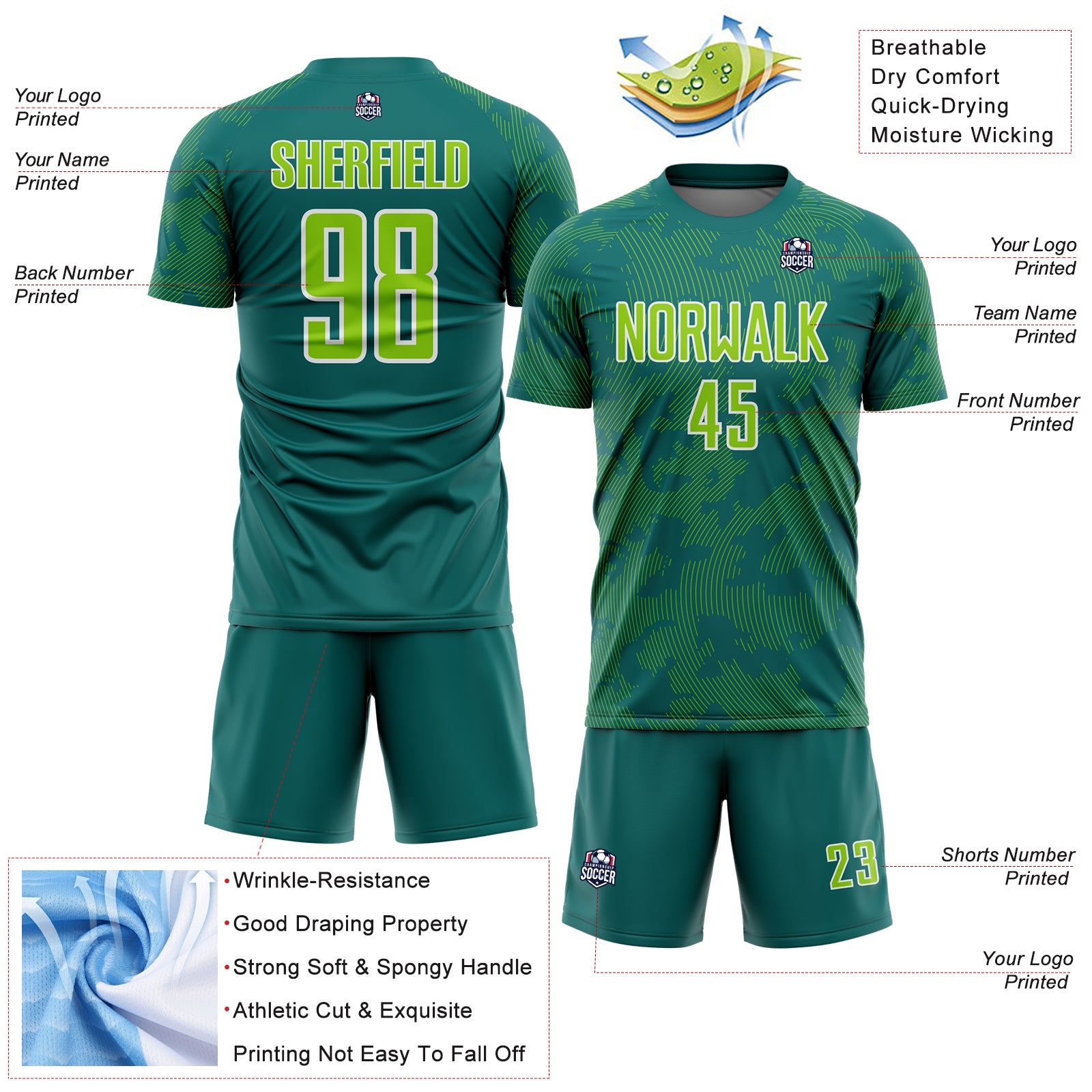Custom Teal Neon Green-White Curve Lines Sublimation Soccer Uniform Jersey view 4