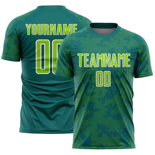 Custom Teal Neon Green-White Curve Lines Sublimation Soccer Uniform Jersey - Main View