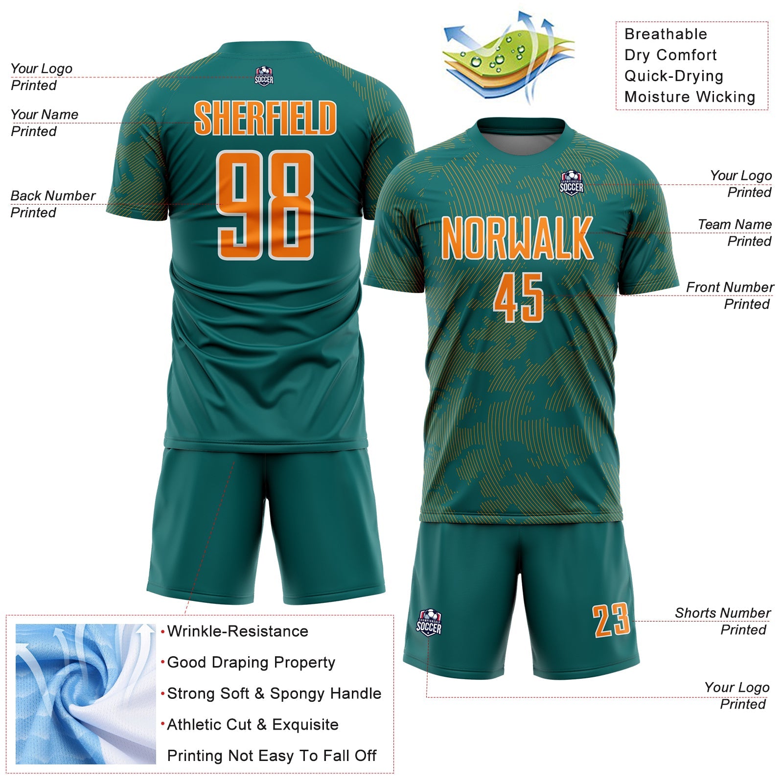 Custom Teal Bay Orange-White Curve Lines Sublimation Soccer Uniform Jersey view 4