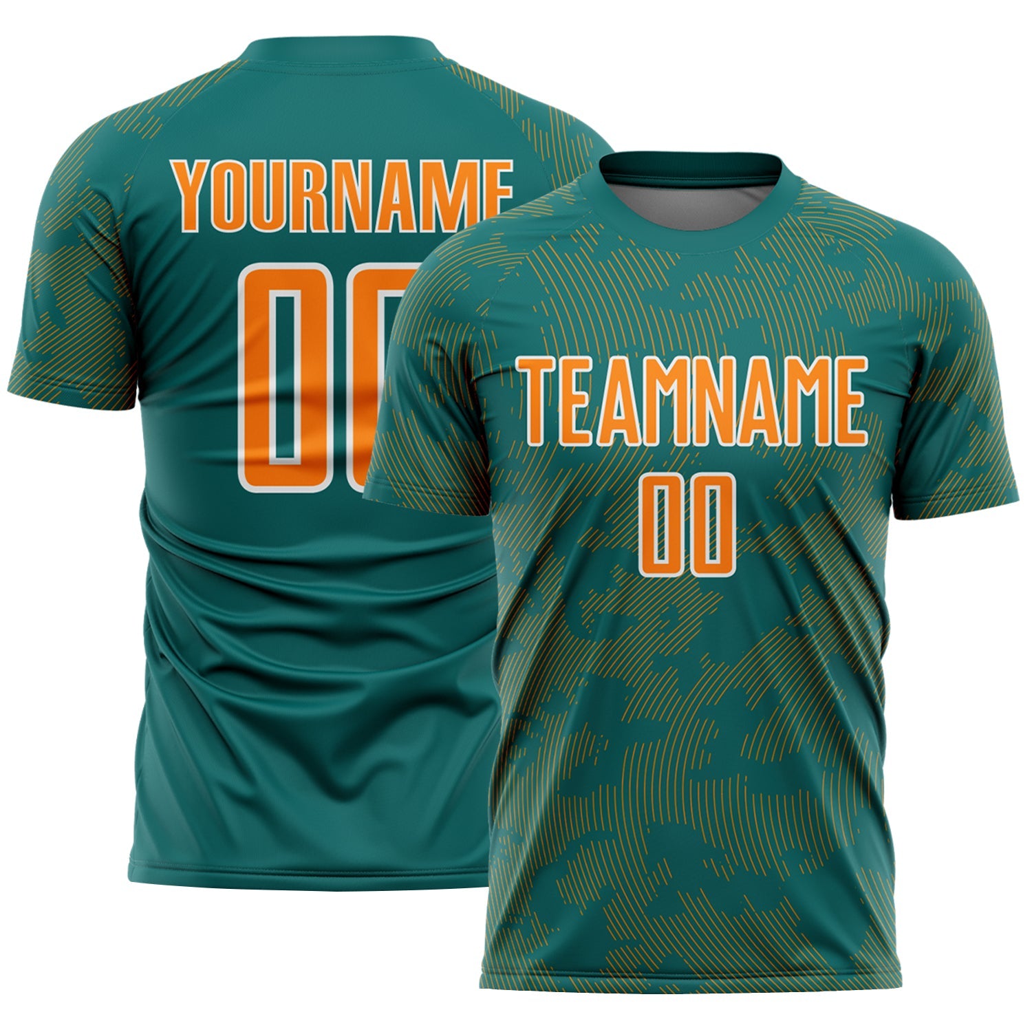 Custom Teal Bay Orange-White Curve Lines Sublimation Soccer Uniform Jersey - Main View