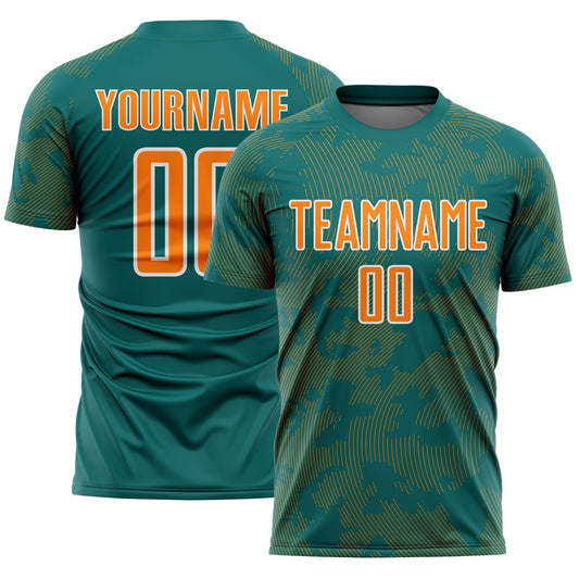 Custom Teal Bay Orange-White Curve Lines Sublimation Soccer Uniform Jersey - Main View
