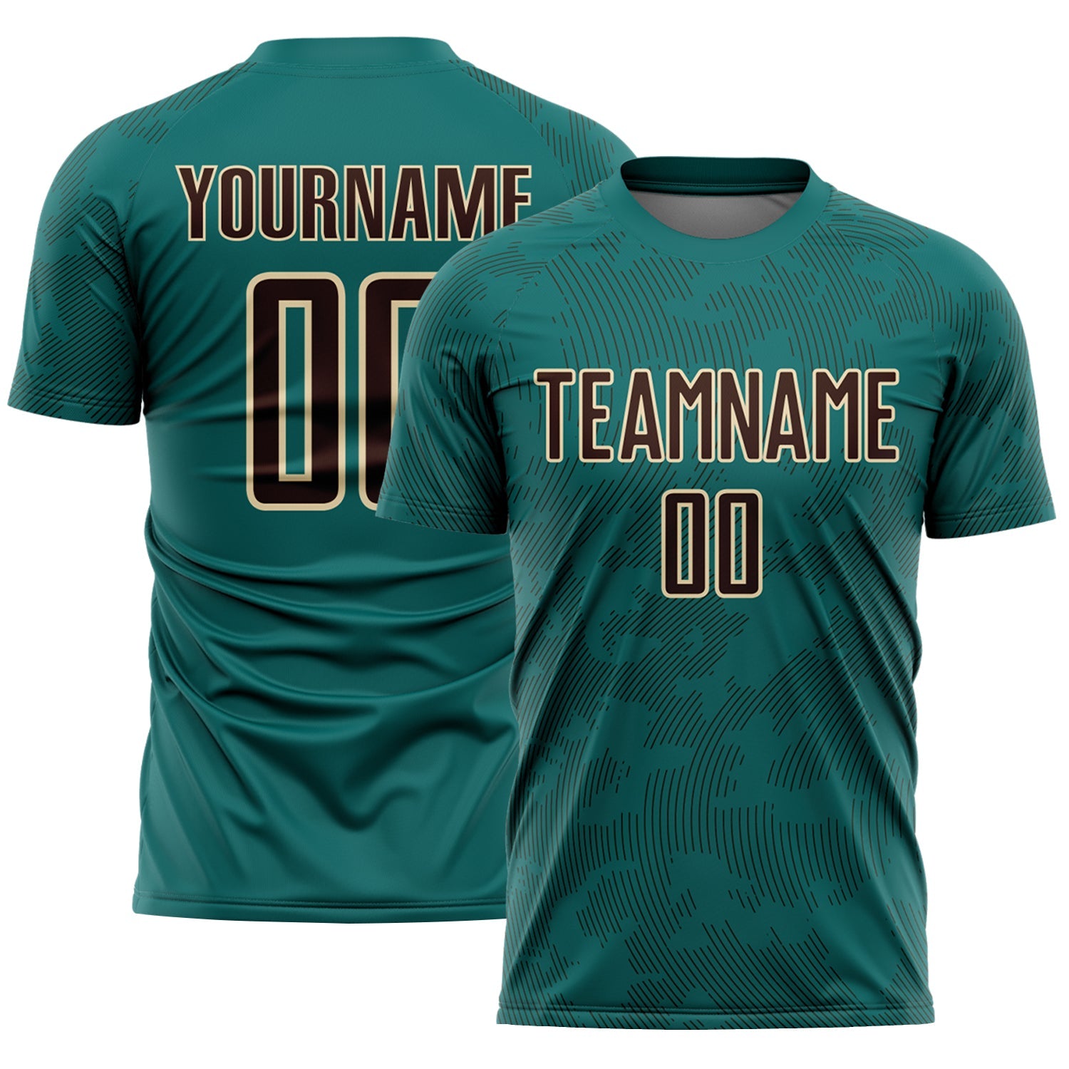 Custom Teal Brown-Cream Curve Lines Sublimation Soccer Uniform Jersey - Main View