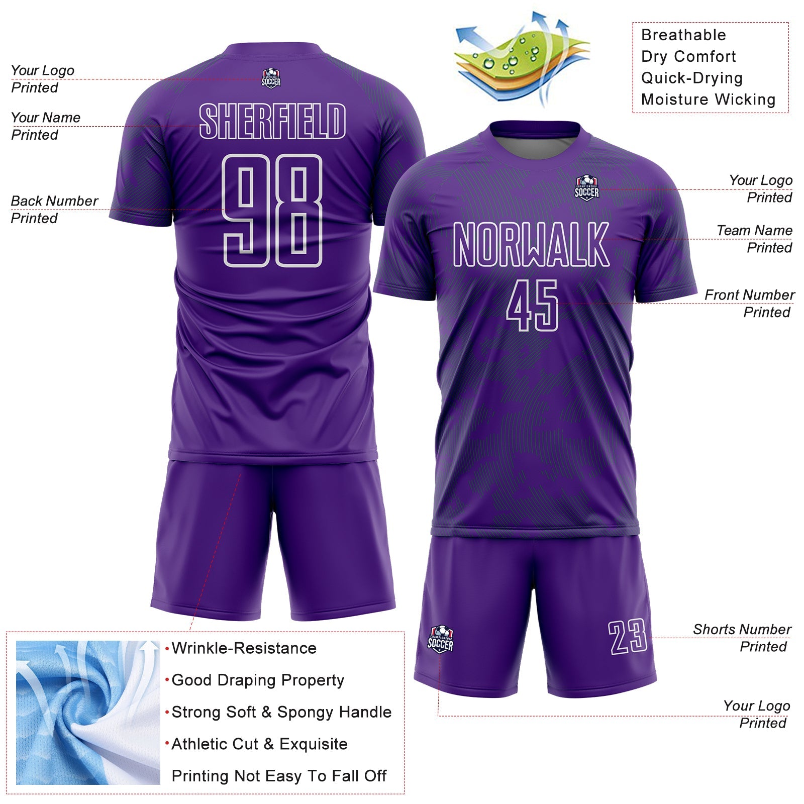 Custom Purple Grass Green-White Curve Lines Sublimation Soccer Uniform Jersey view 4