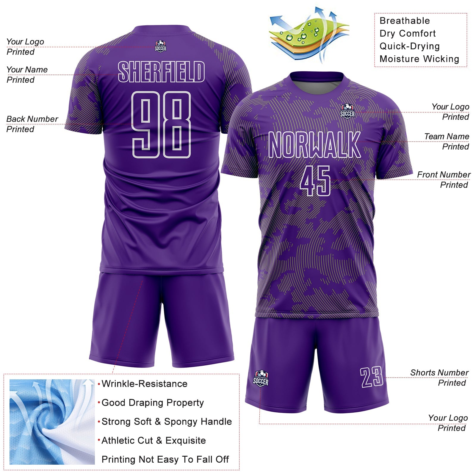 Custom Purple Neon Green-White Curve Lines Sublimation Soccer Uniform Jersey view 4