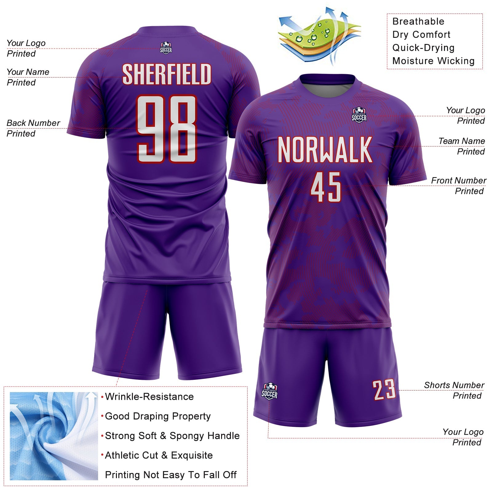 Custom Purple White-Red Curve Lines Sublimation Soccer Uniform Jersey view 4