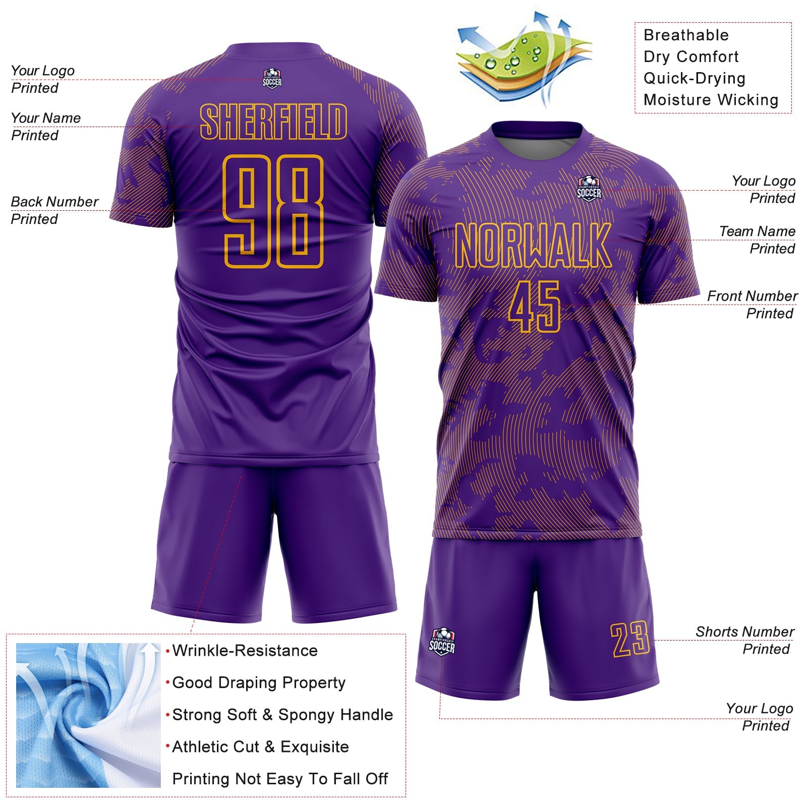 Custom Purple-Gold Curve Lines Sublimation Soccer Uniform Jersey view 4