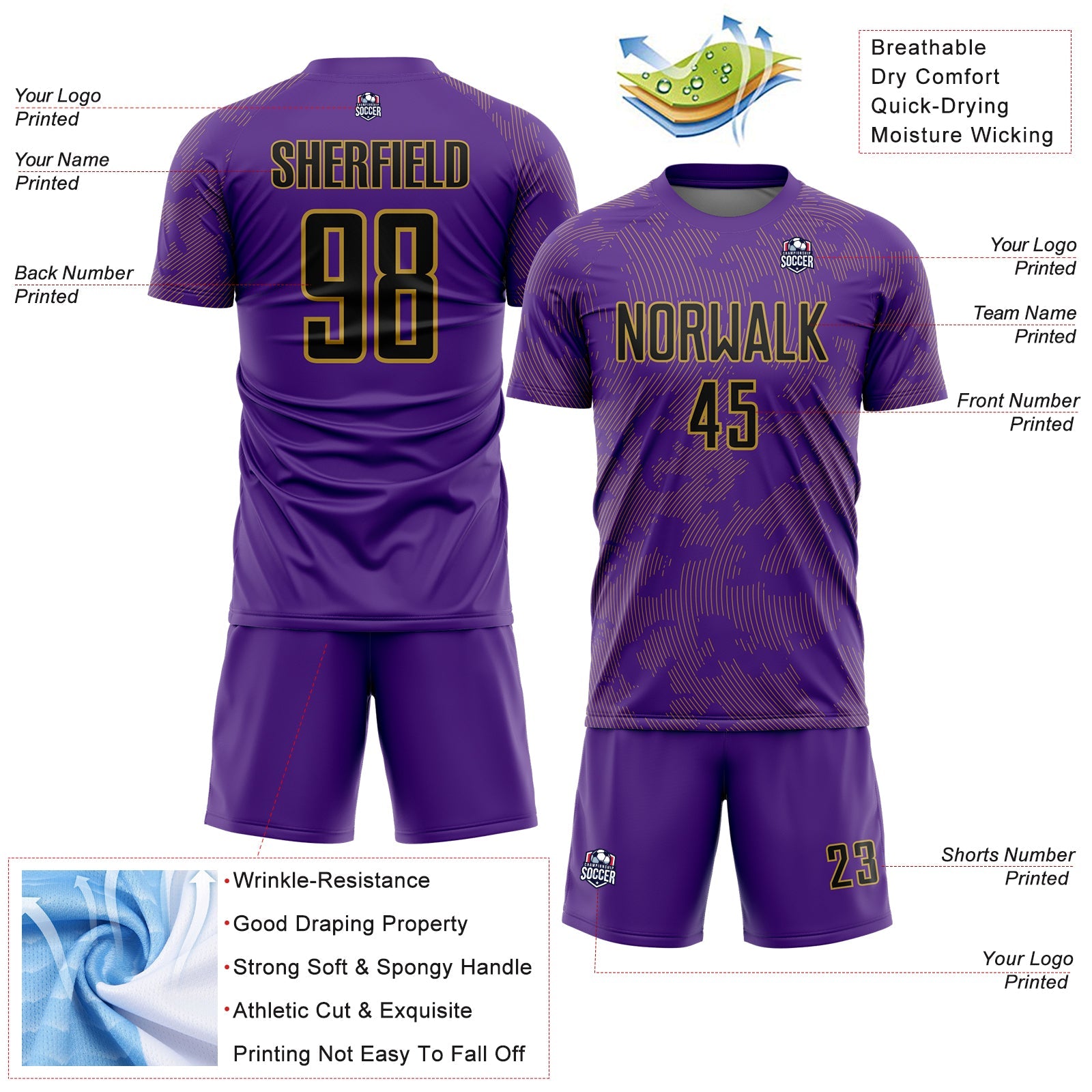 Custom Purple Black-Old Gold Curve Lines Sublimation Soccer Uniform Jersey view 4