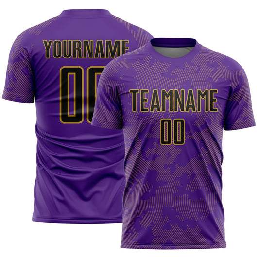 Custom Purple Black-Old Gold Curve Lines Sublimation Soccer Uniform Jersey - Main View