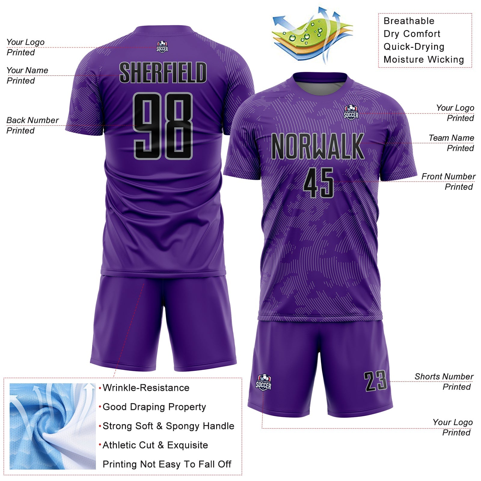 Custom Purple Black-Gray Curve Lines Sublimation Soccer Uniform Jersey view 4