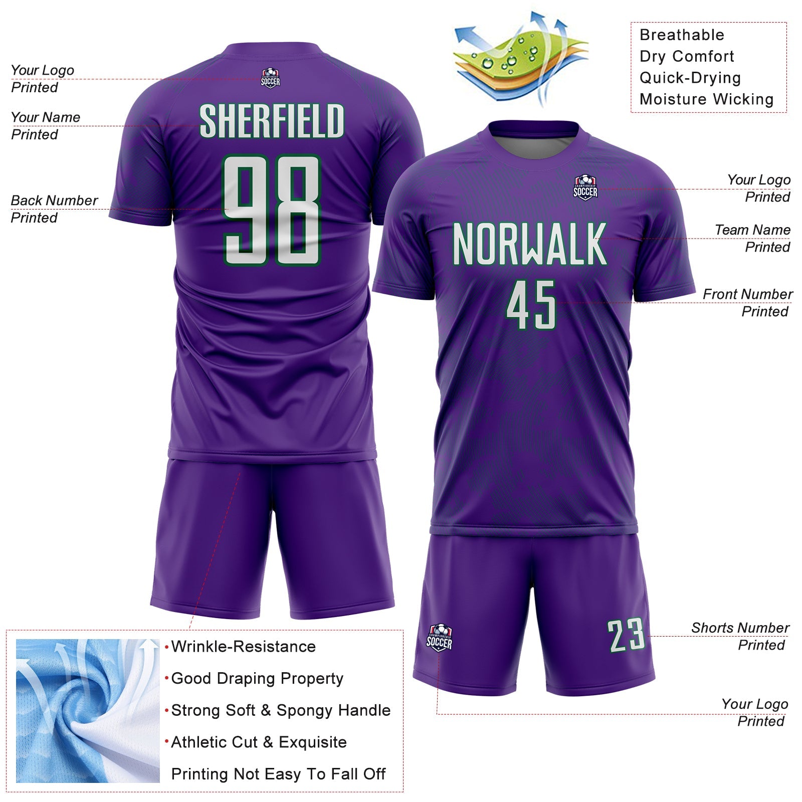 Custom Purple White-Kelly Green Curve Lines Sublimation Soccer Uniform Jersey view 4