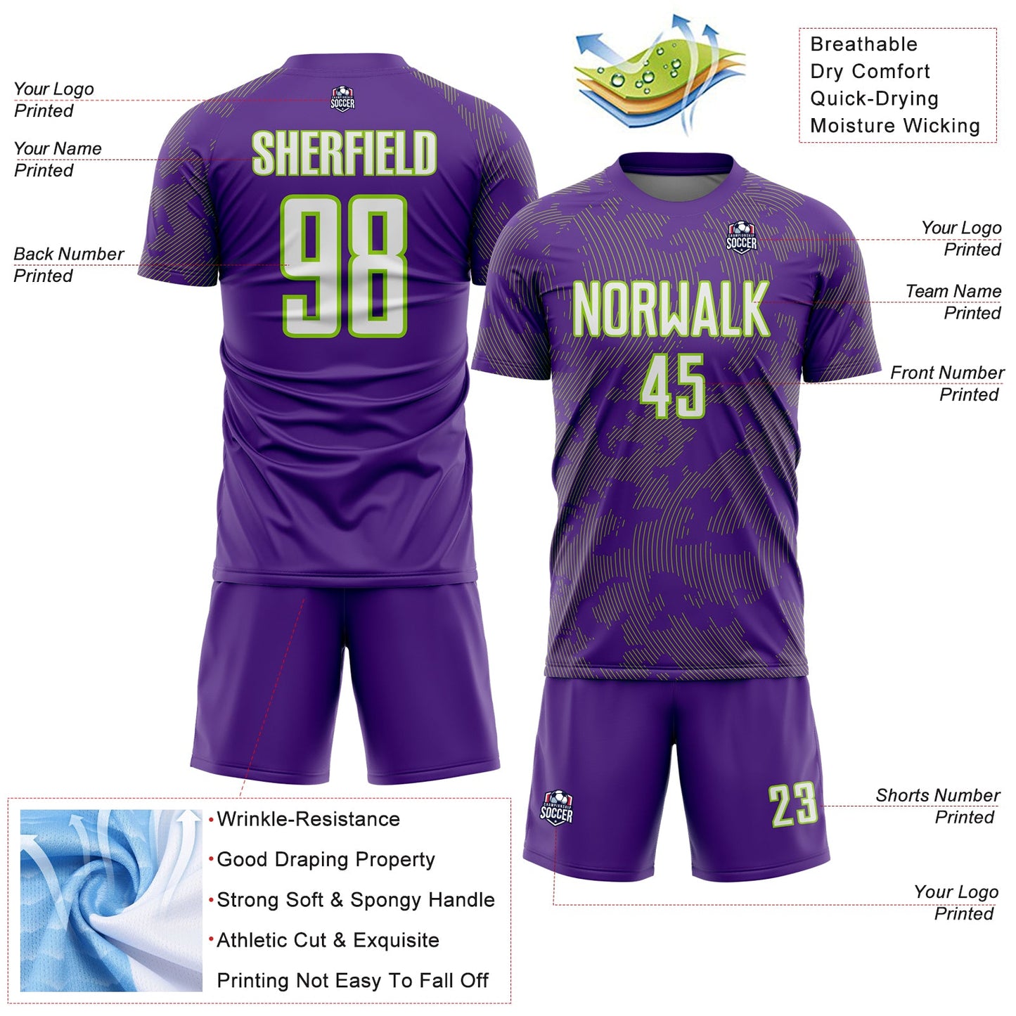 Custom Purple White-Neon Green Curve Lines Sublimation Soccer Uniform Jersey view 4