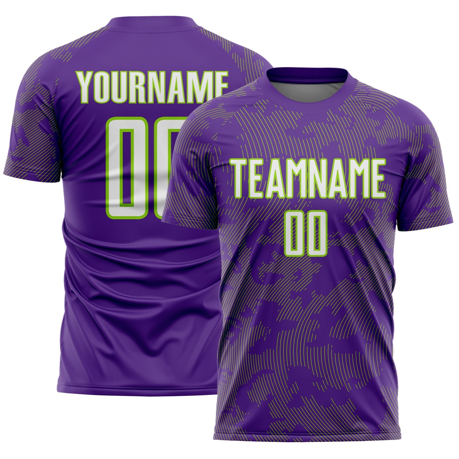 Custom Purple White-Neon Green Curve Lines Sublimation Soccer Uniform Jersey - Main View