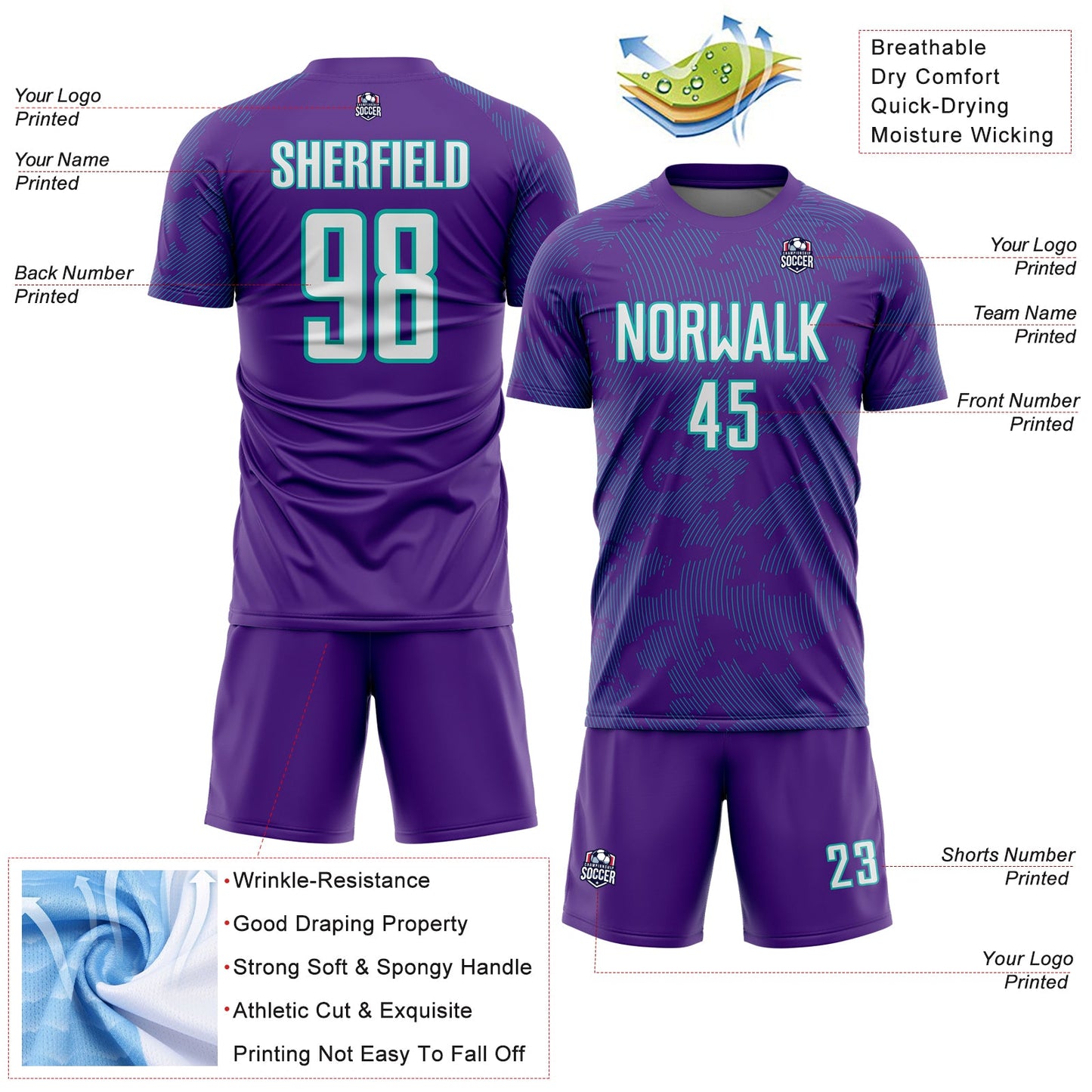 Custom Purple White-Aqua Curve Lines Sublimation Soccer Uniform Jersey view 4