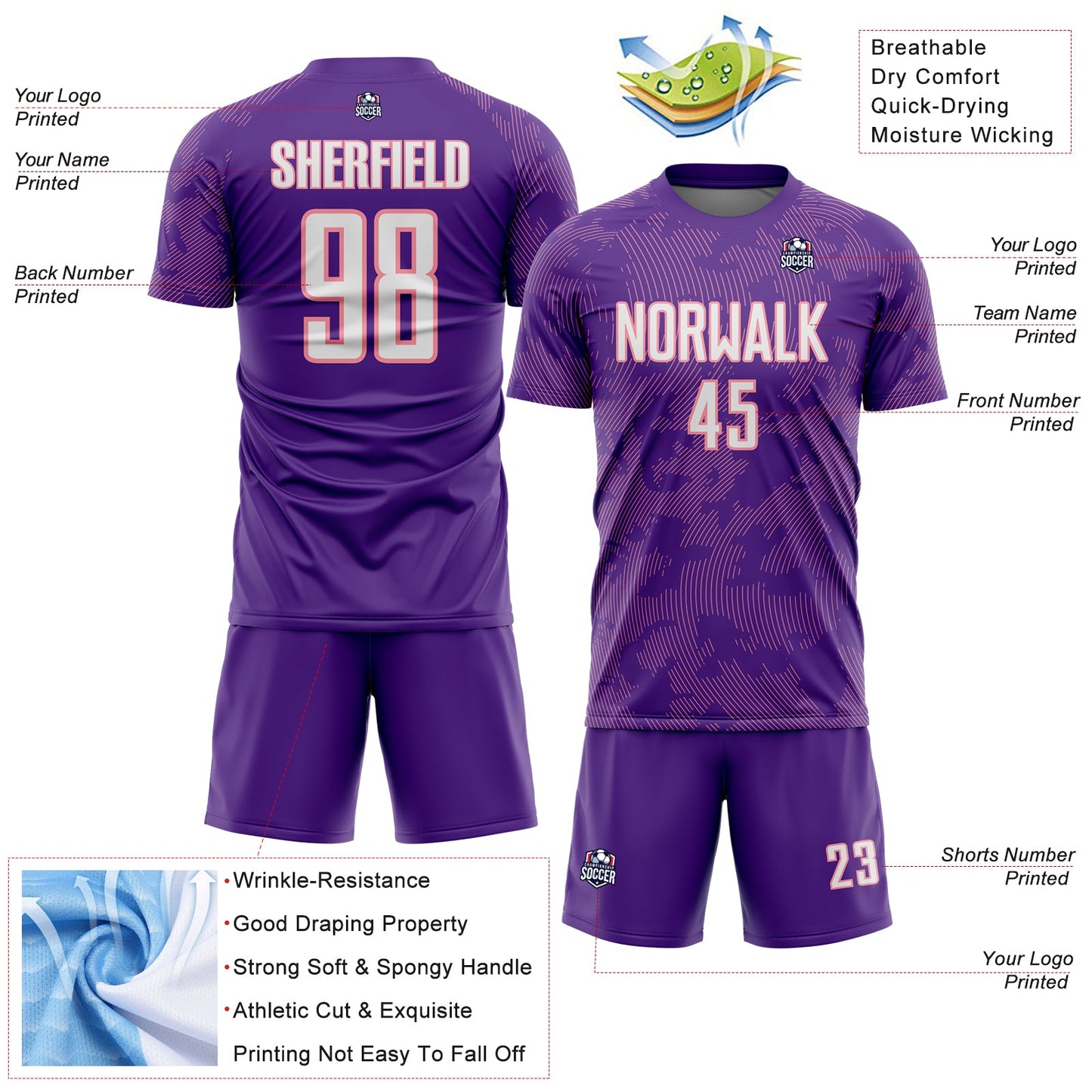 Custom Purple White-Medium Pink Curve Lines Sublimation Soccer Uniform Jersey view 4