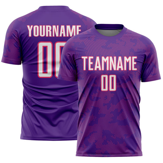 Custom Purple White-Neon Pink Curve Lines Sublimation Soccer Uniform Jersey - Main View