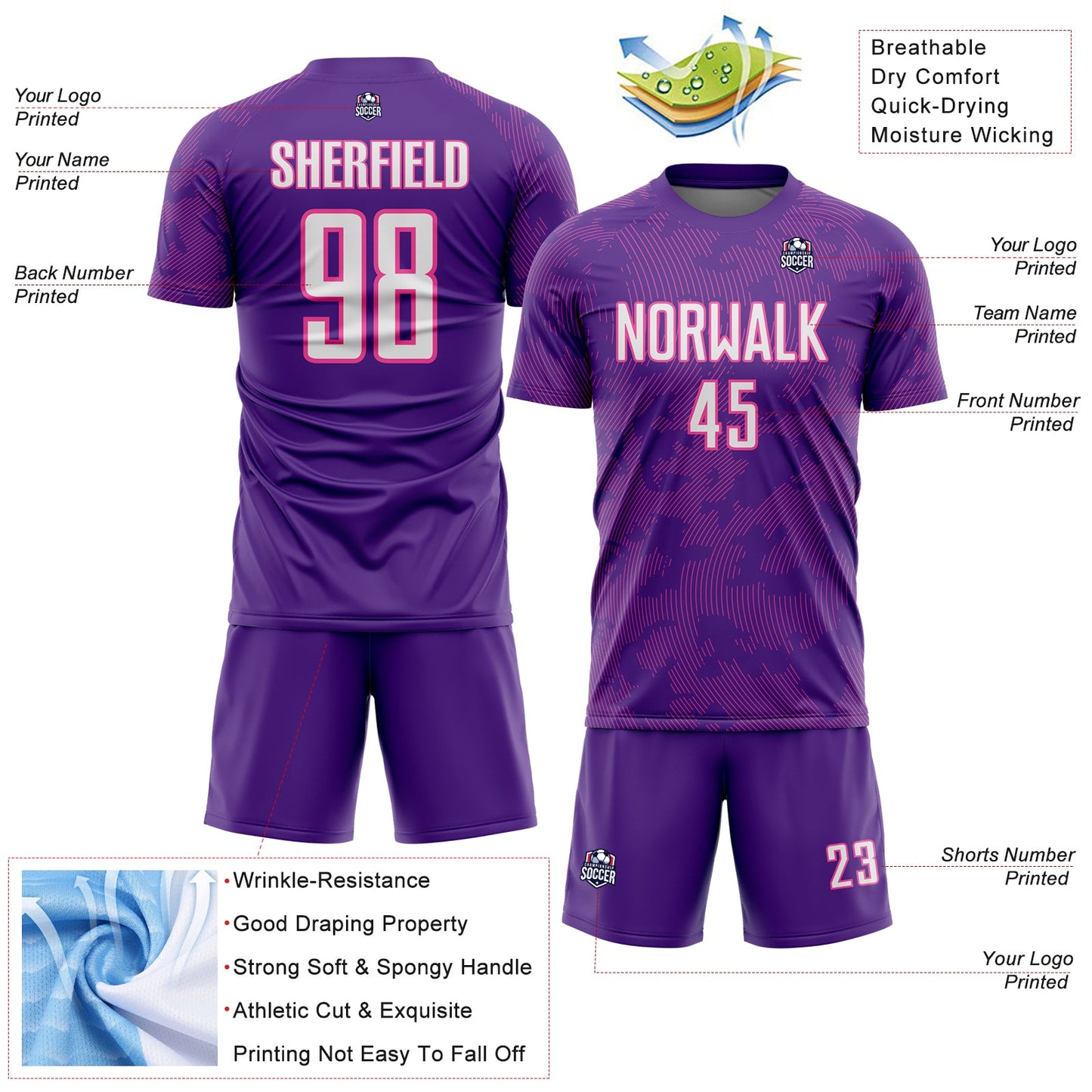 Custom Purple White-Pink Curve Lines Sublimation Soccer Uniform Jersey view 4