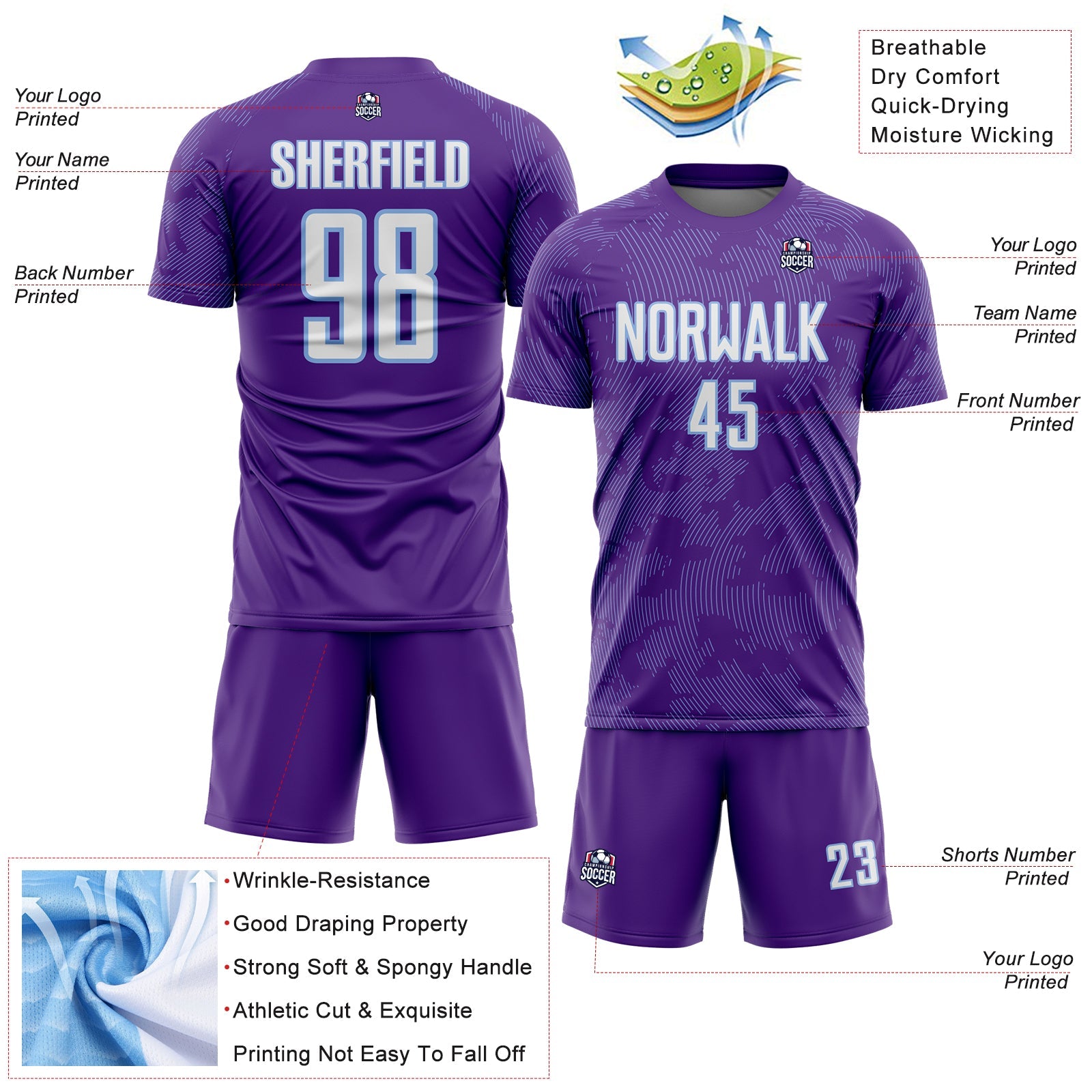Custom Purple White-Light Blue Curve Lines Sublimation Soccer Uniform Jersey view 4