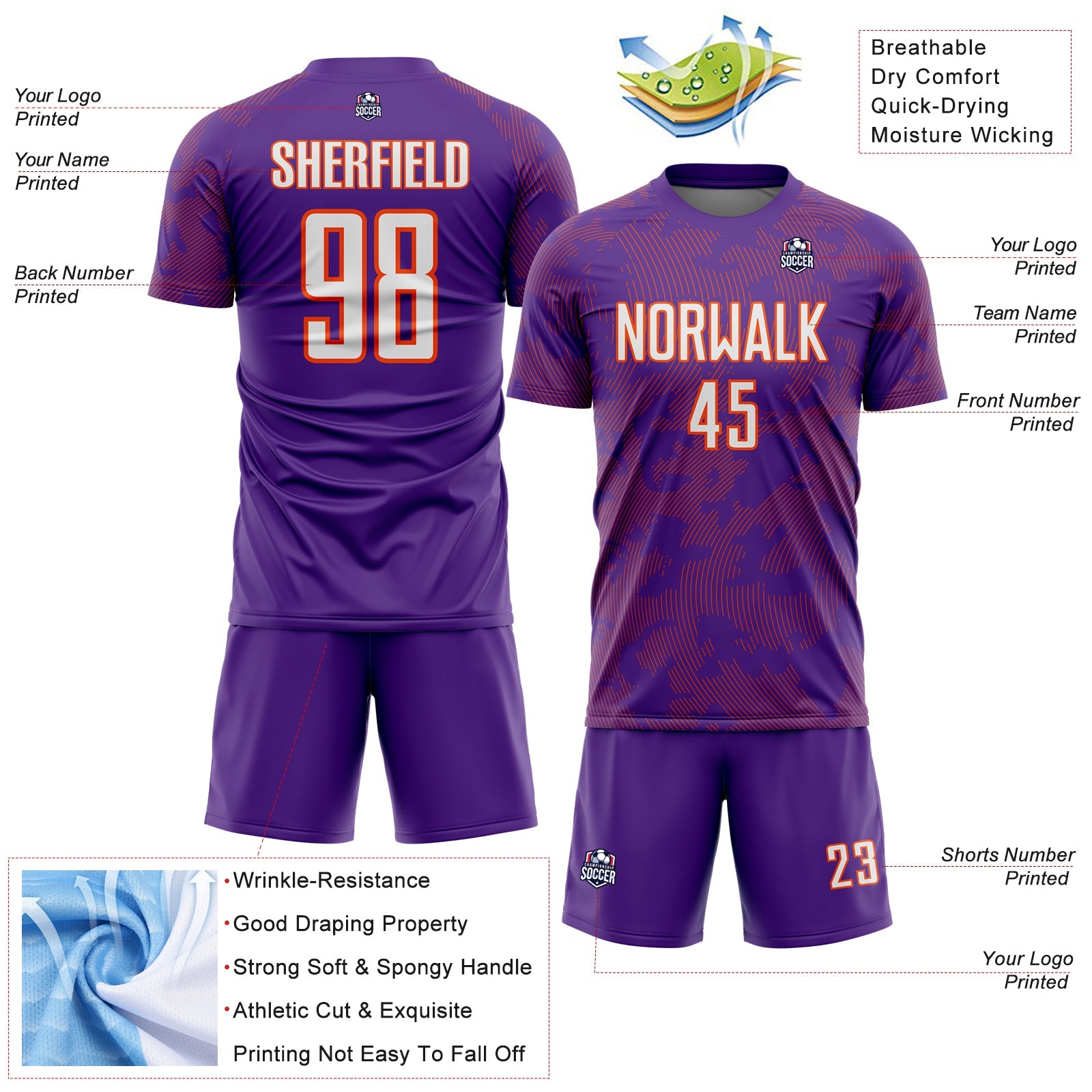 Custom Purple White-Orange Curve Lines Sublimation Soccer Uniform Jersey view 4
