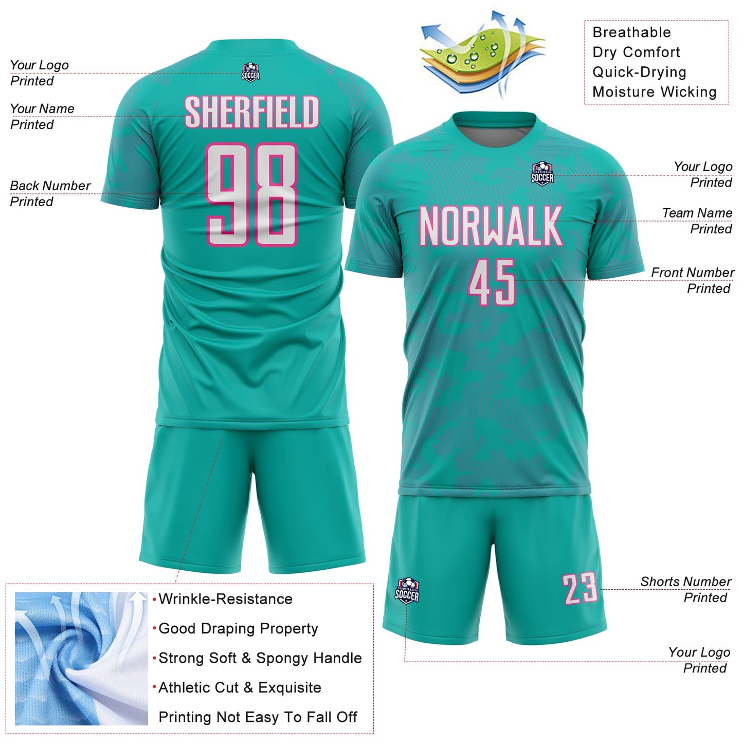 Custom Aqua White-Pink Curve Lines Sublimation Soccer Uniform Jersey view 4