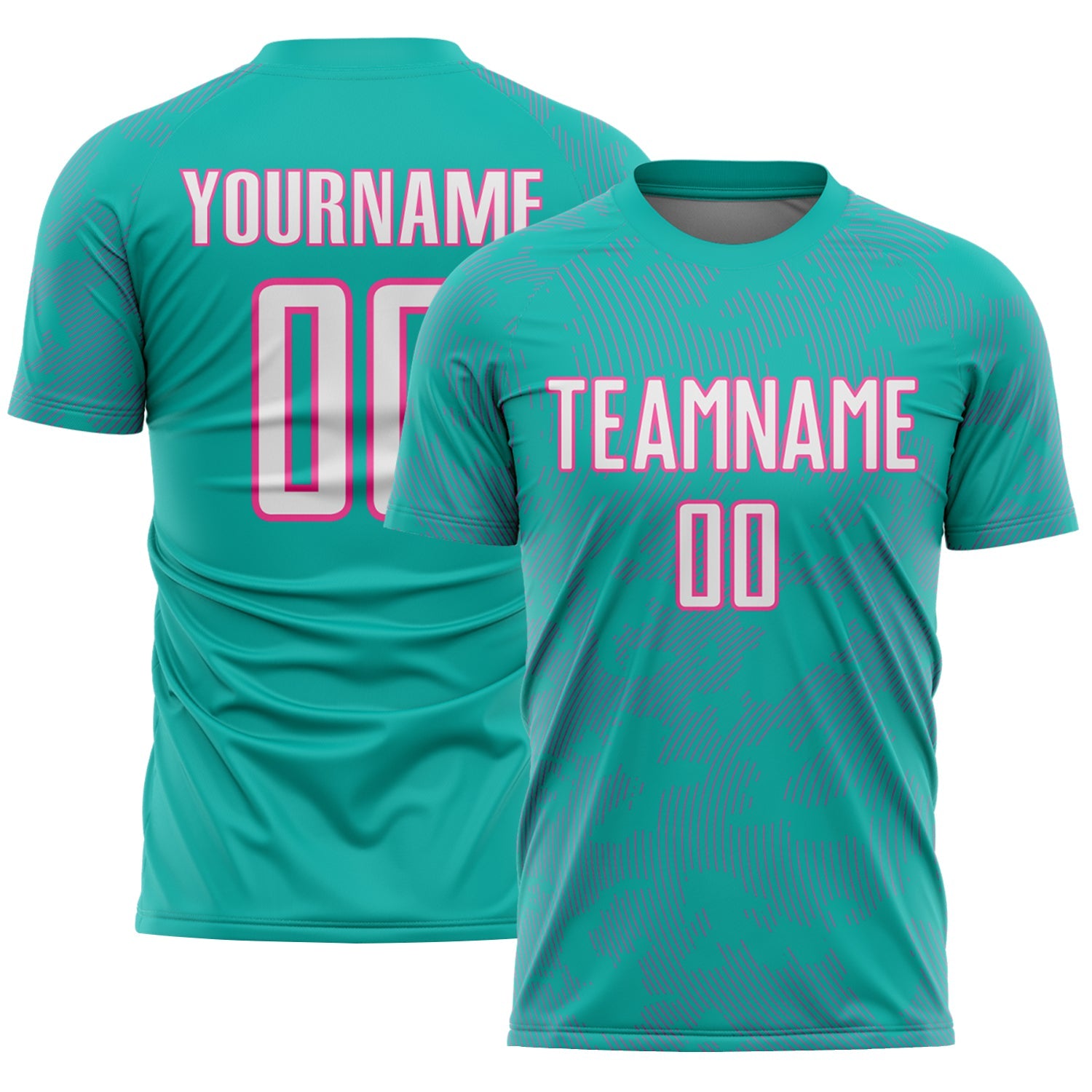 Custom Aqua White-Pink Curve Lines Sublimation Soccer Uniform Jersey - Main View