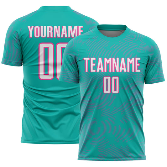 Custom Aqua White-Pink Curve Lines Sublimation Soccer Uniform Jersey - Main View