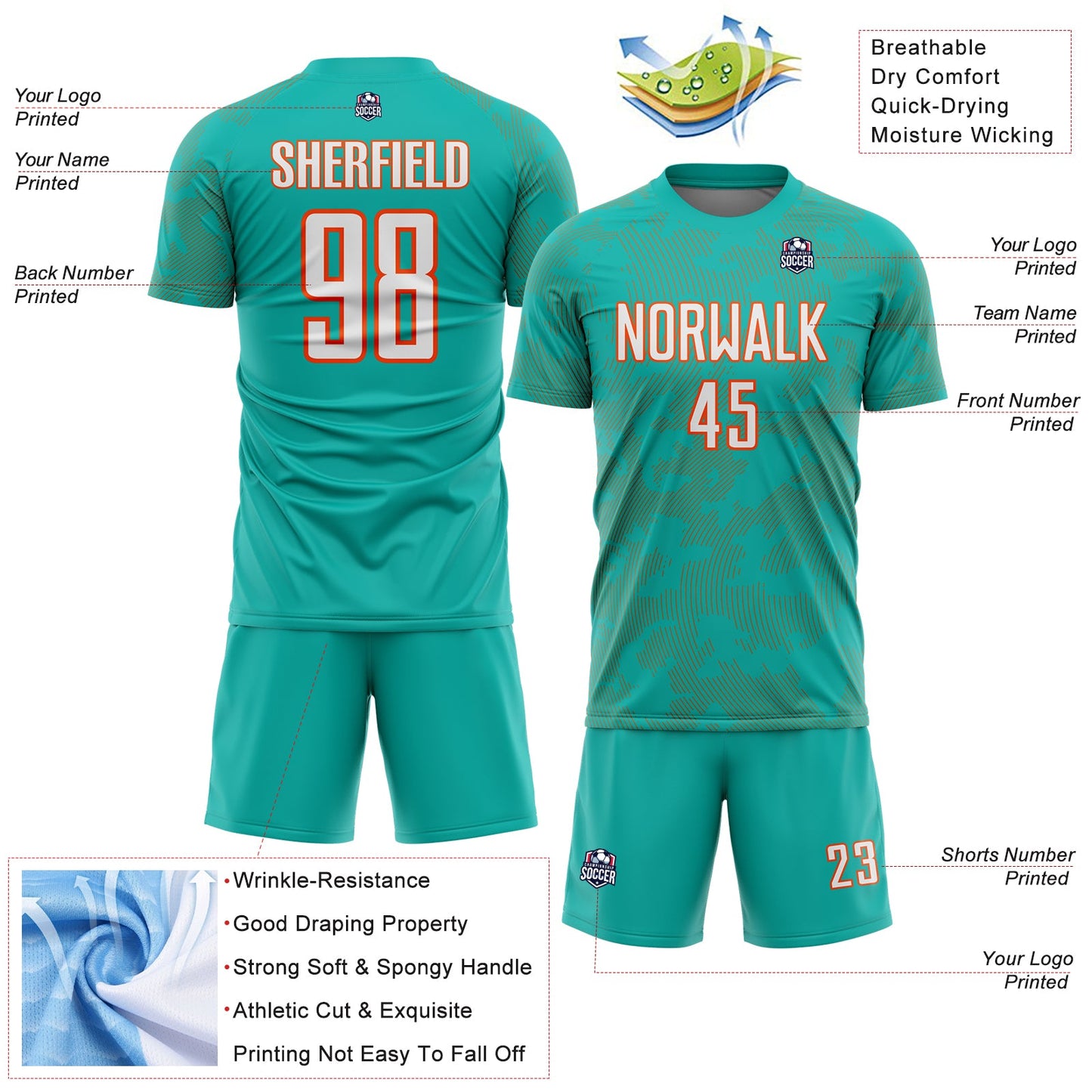 Custom Aqua White-Orange Curve Lines Sublimation Soccer Uniform Jersey view 4