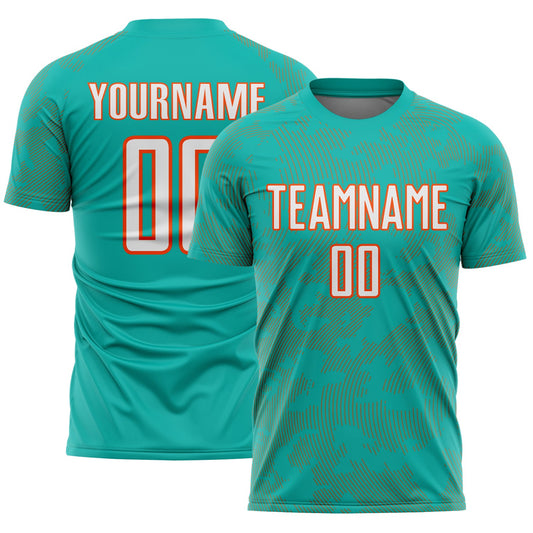 Custom Aqua White-Orange Curve Lines Sublimation Soccer Uniform Jersey - Main View