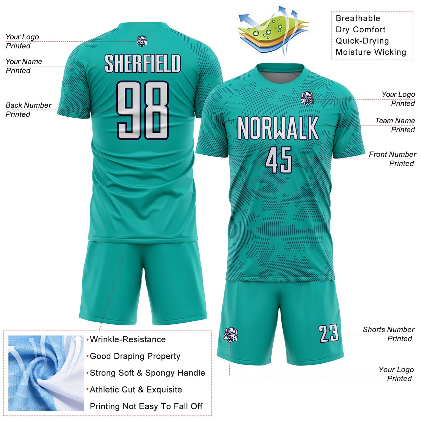 Custom Aqua White-Navy Curve Lines Sublimation Soccer Uniform Jersey view 4