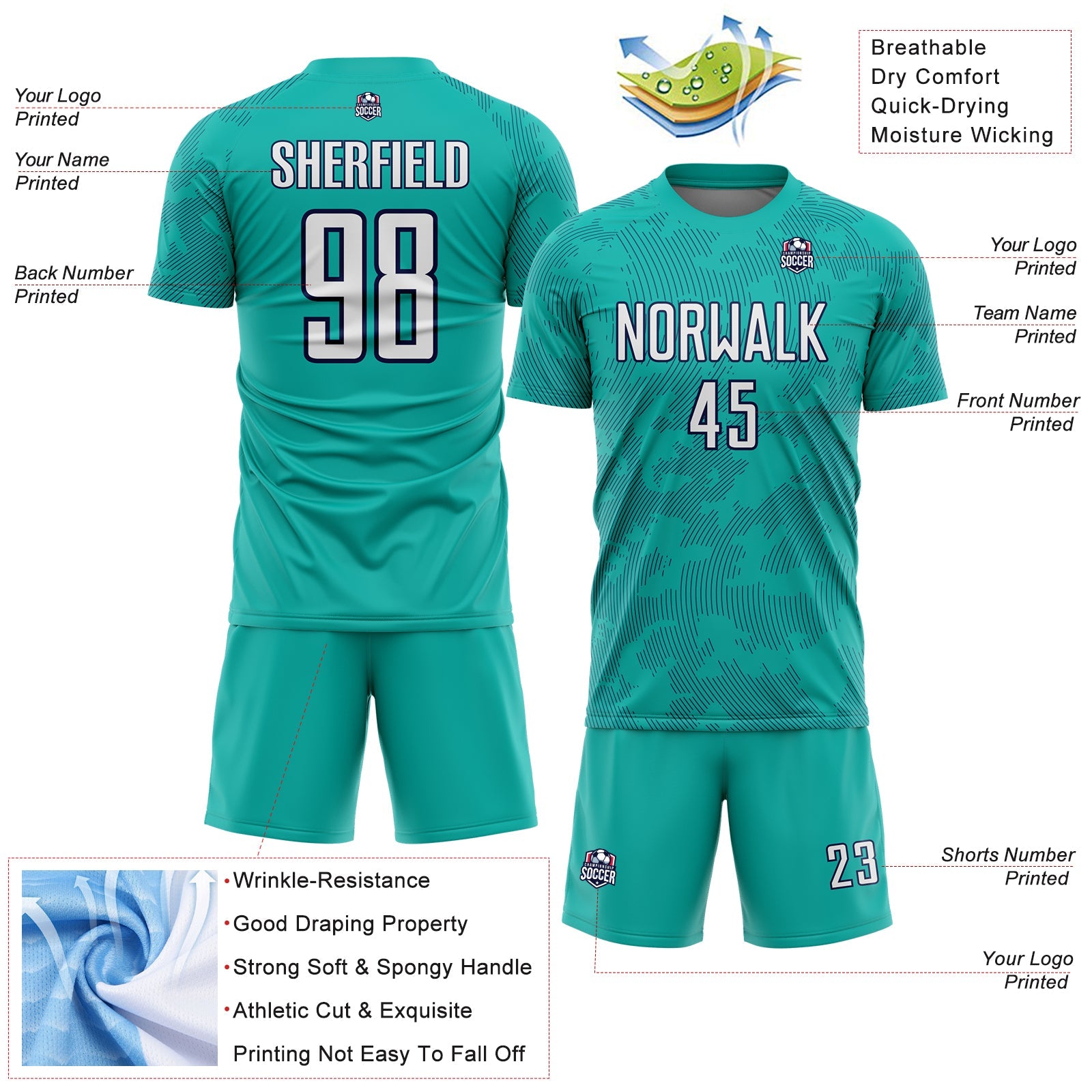 Custom Aqua White-Navy Curve Lines Sublimation Soccer Uniform Jersey view 4