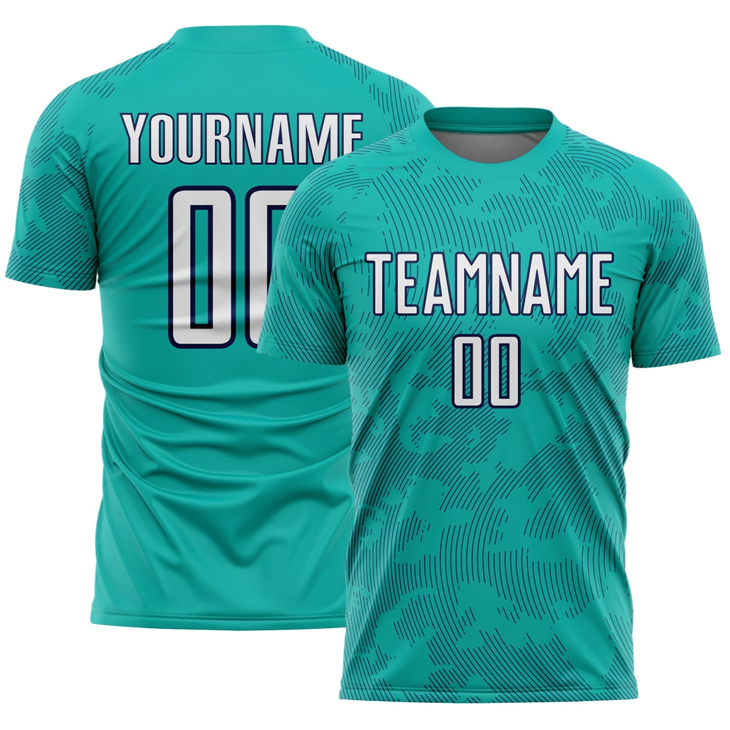 Custom Aqua White-Navy Curve Lines Sublimation Soccer Uniform Jersey - Main View