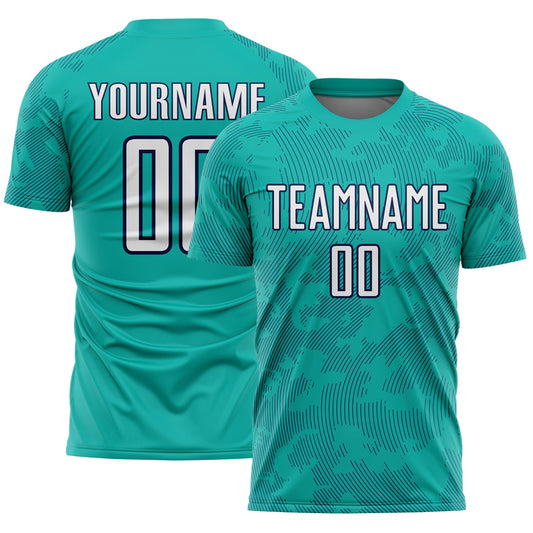 Custom Aqua White-Navy Curve Lines Sublimation Soccer Uniform Jersey - Main View