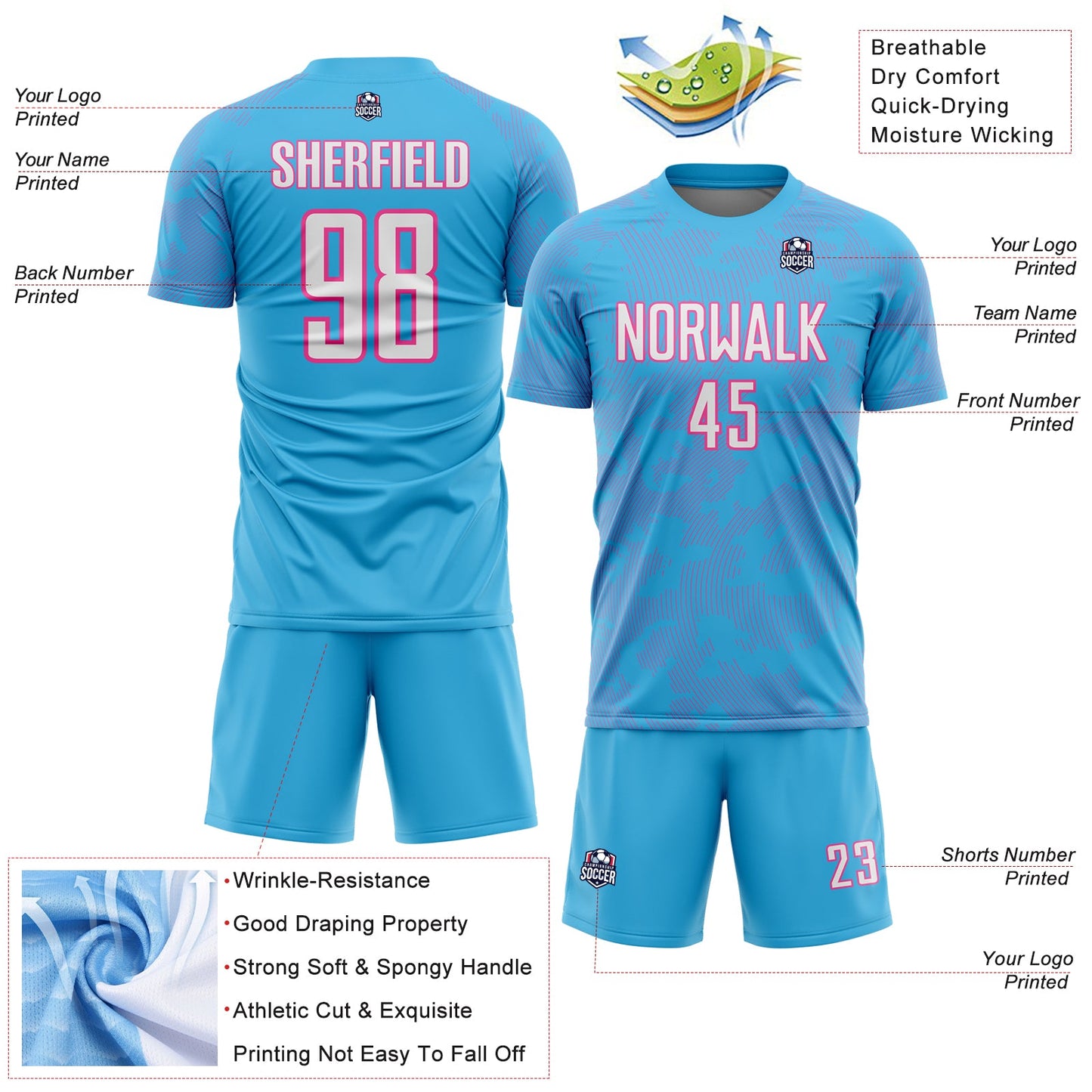 Custom Sky Blue White-Pink Curve Lines Sublimation Soccer Uniform Jersey view 4