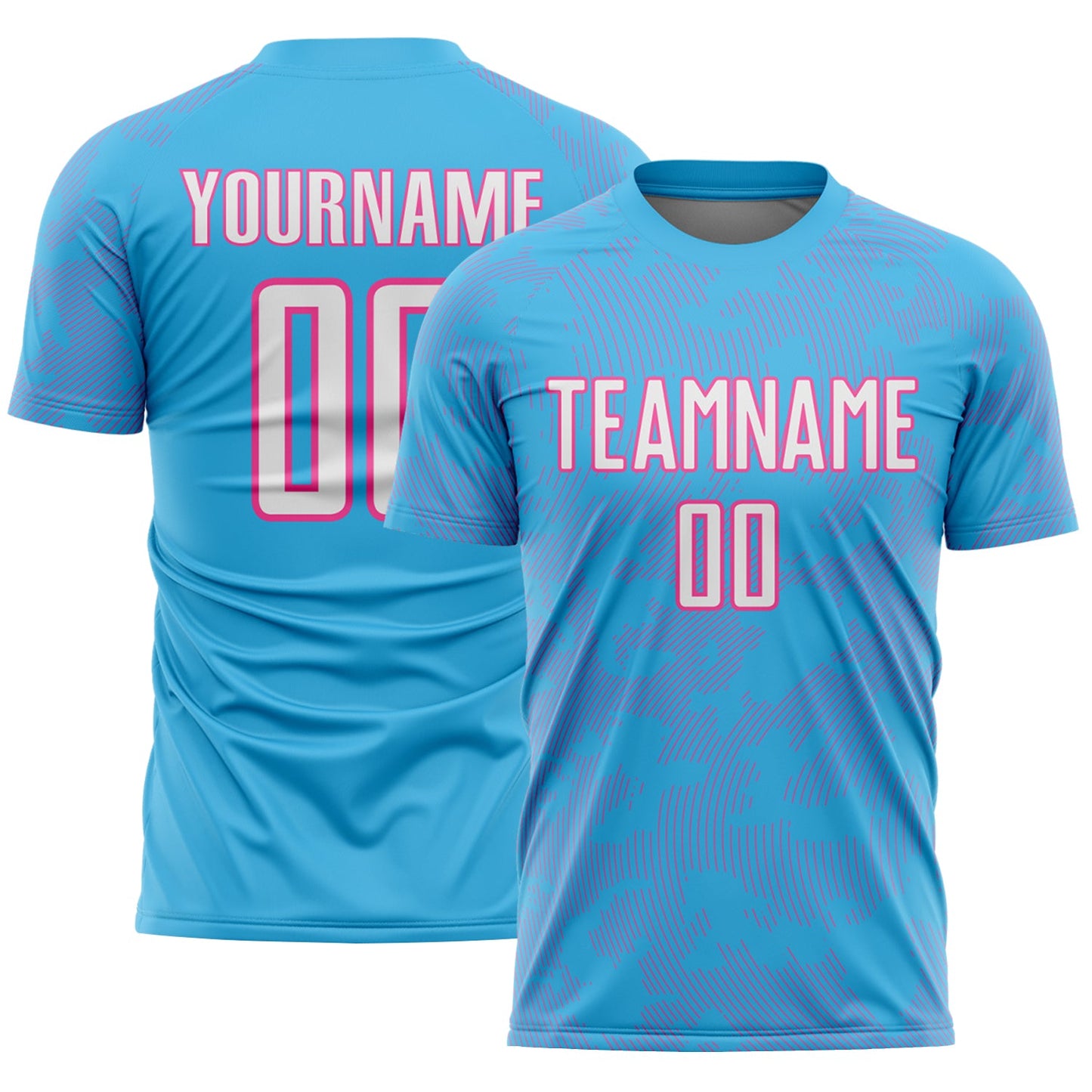 Custom Sky Blue White-Pink Curve Lines Sublimation Soccer Uniform Jersey - Main View