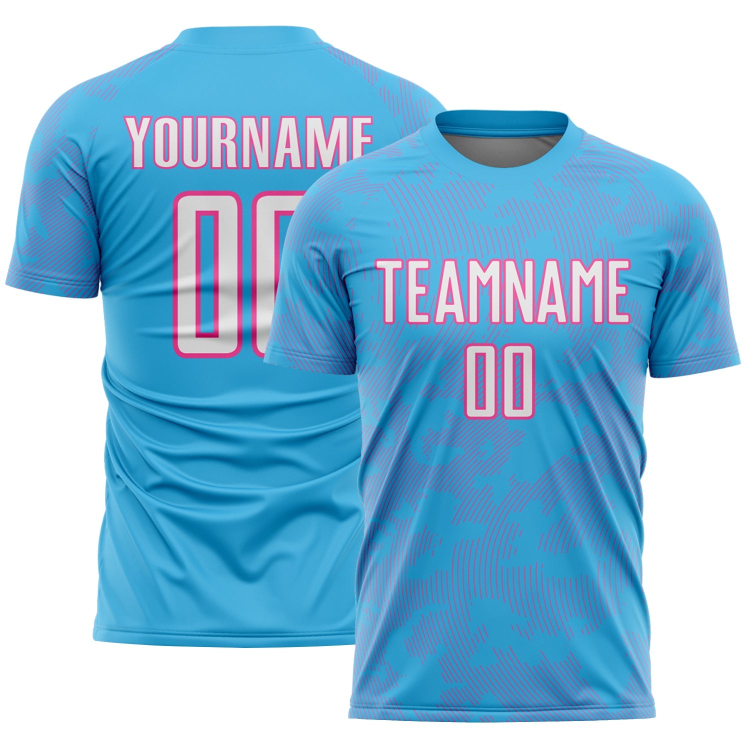 Custom Sky Blue White-Pink Curve Lines Sublimation Soccer Uniform Jersey - Main View