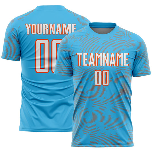Custom Sky Blue White-Orange Curve Lines Sublimation Soccer Uniform Jersey - Main View