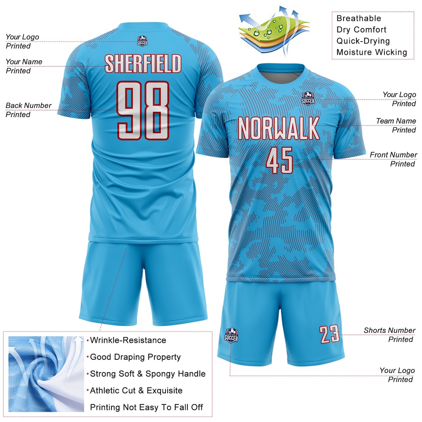 Custom Sky Blue White-Red Curve Lines Sublimation Soccer Uniform Jersey view 4