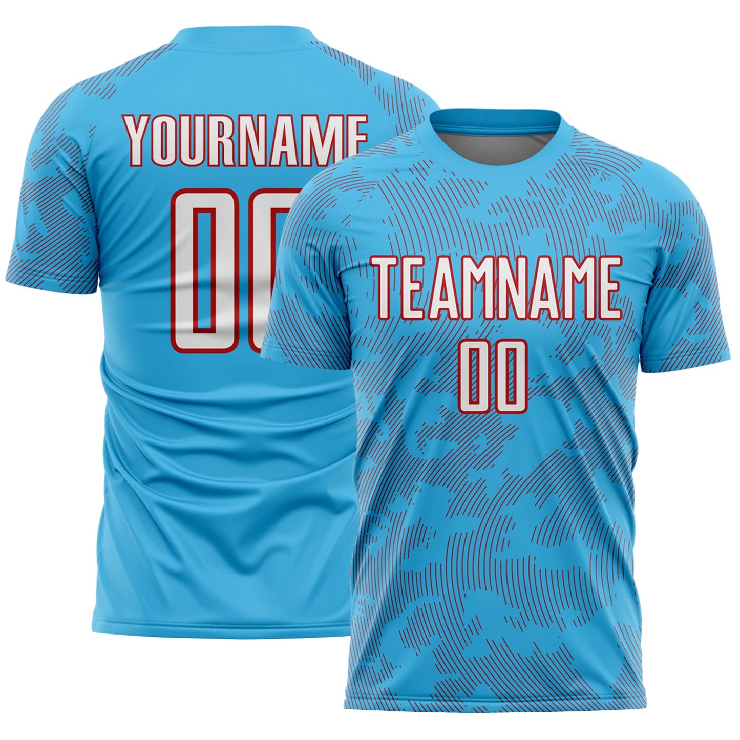 Custom Sky Blue White-Red Curve Lines Sublimation Soccer Uniform Jersey - Main View
