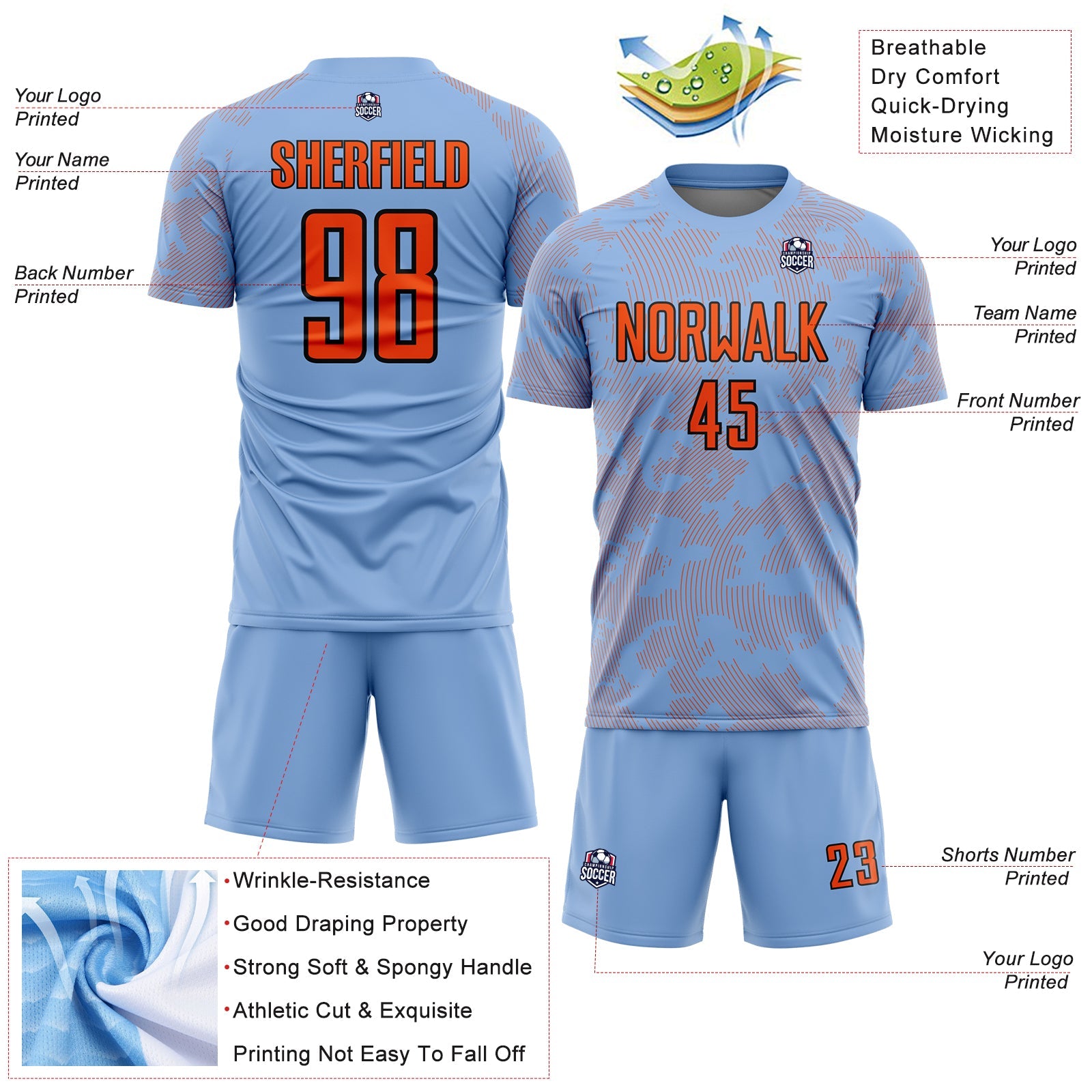 Custom Light Blue Orange-Black Curve Lines Sublimation Soccer Uniform Jersey view 4