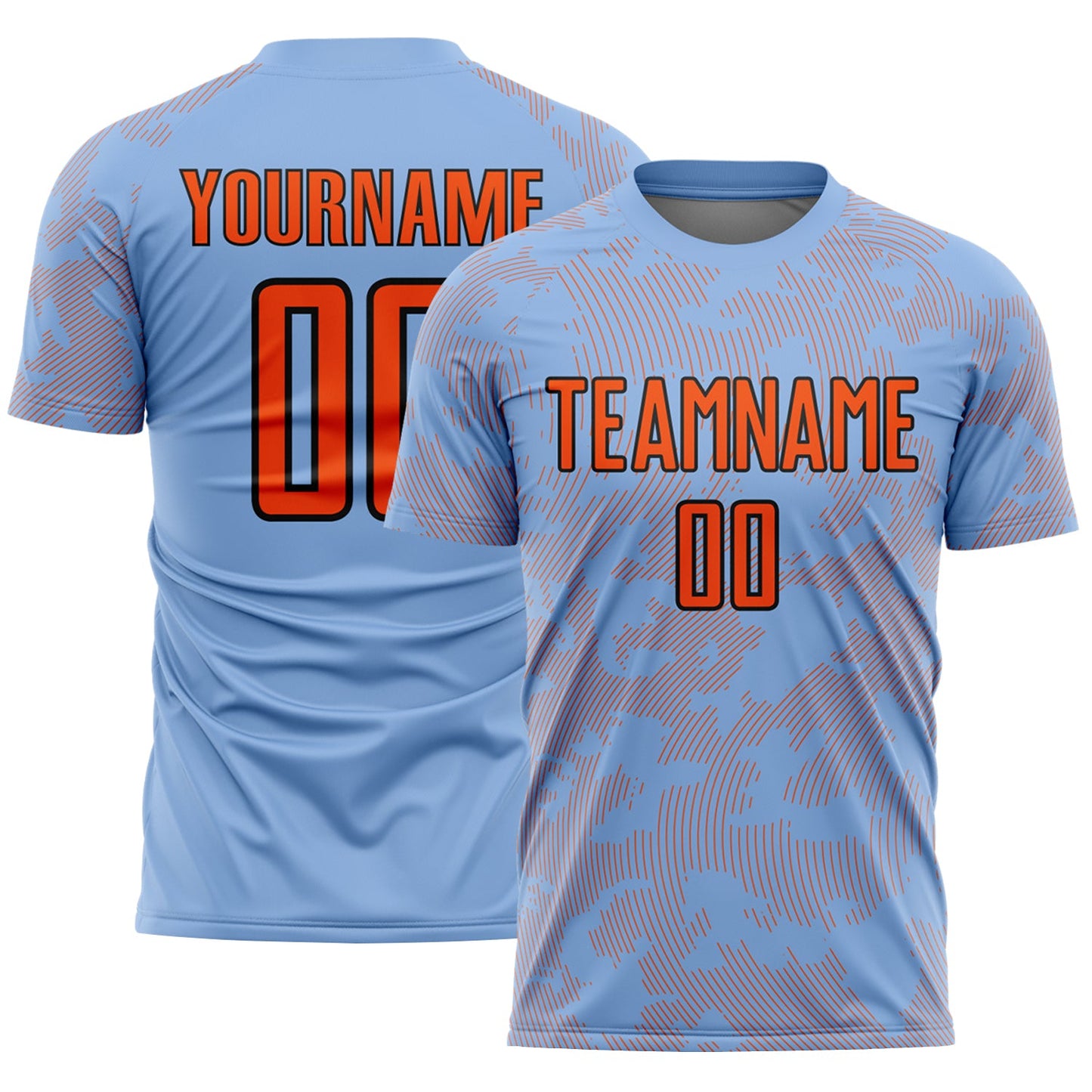 Custom Light Blue Orange-Black Curve Lines Sublimation Soccer Uniform Jersey - Main View